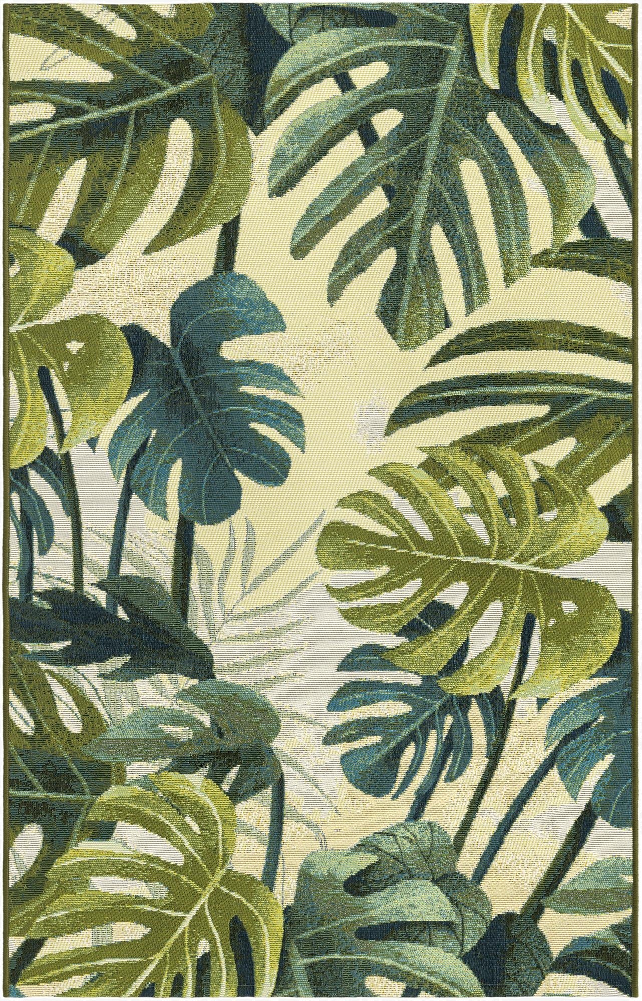 A 3x5 rectangular rug with a vibrant botanical pattern featuring various shades of green monstera and palm leaves on a light yellow background.