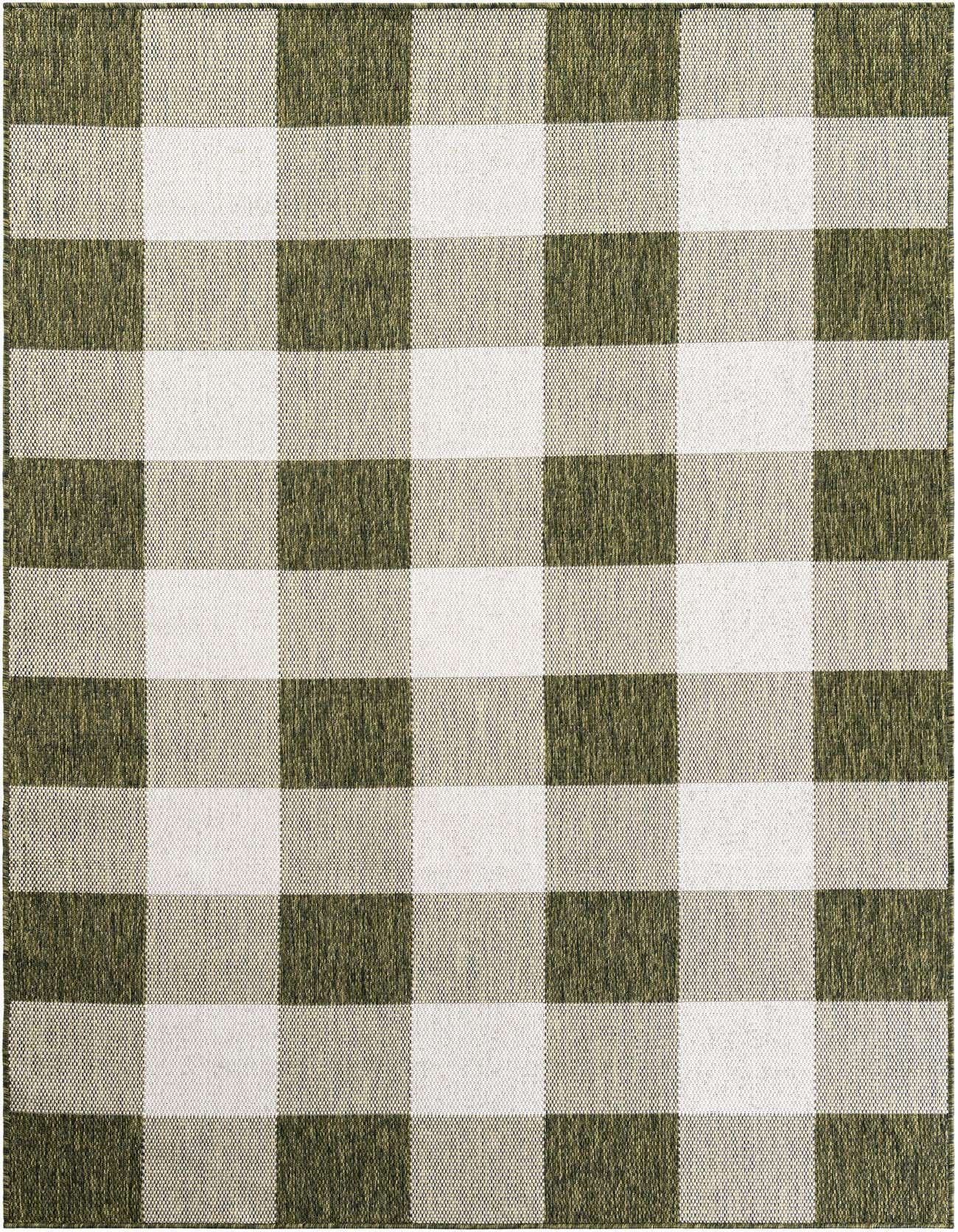A 5x8 rectangular indoor/outdoor rug featuring a large green and white checkered pattern, ideal for a patio or living room.