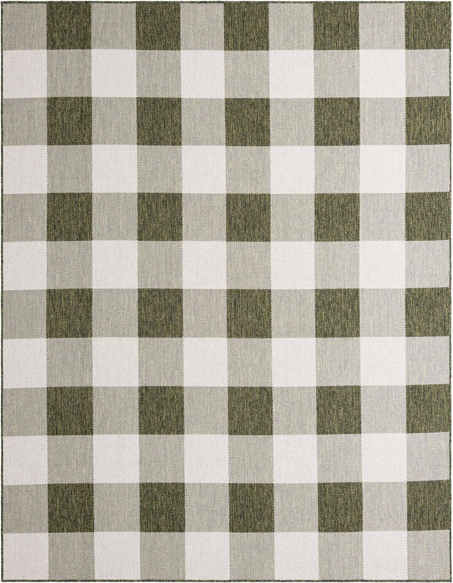 A large 8x10 rectangular indoor/outdoor rug featuring a modern green and white checkered pattern, ideal for a patio or living room.