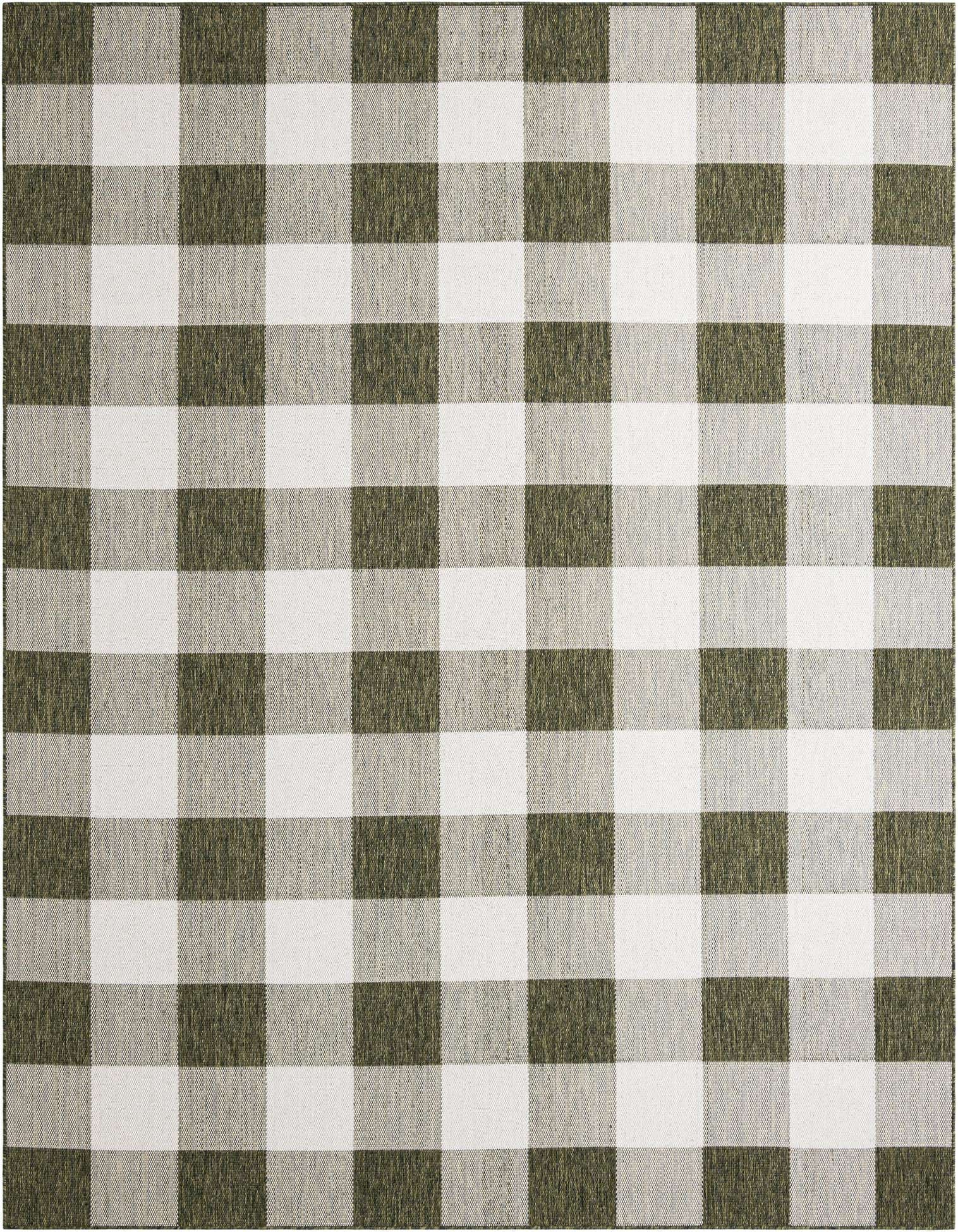 A 9x12 rectangular Rugs.com Outdoor Checkered rug featuring a modern green and white buffalo check pattern, suitable for indoor or outdoor use.