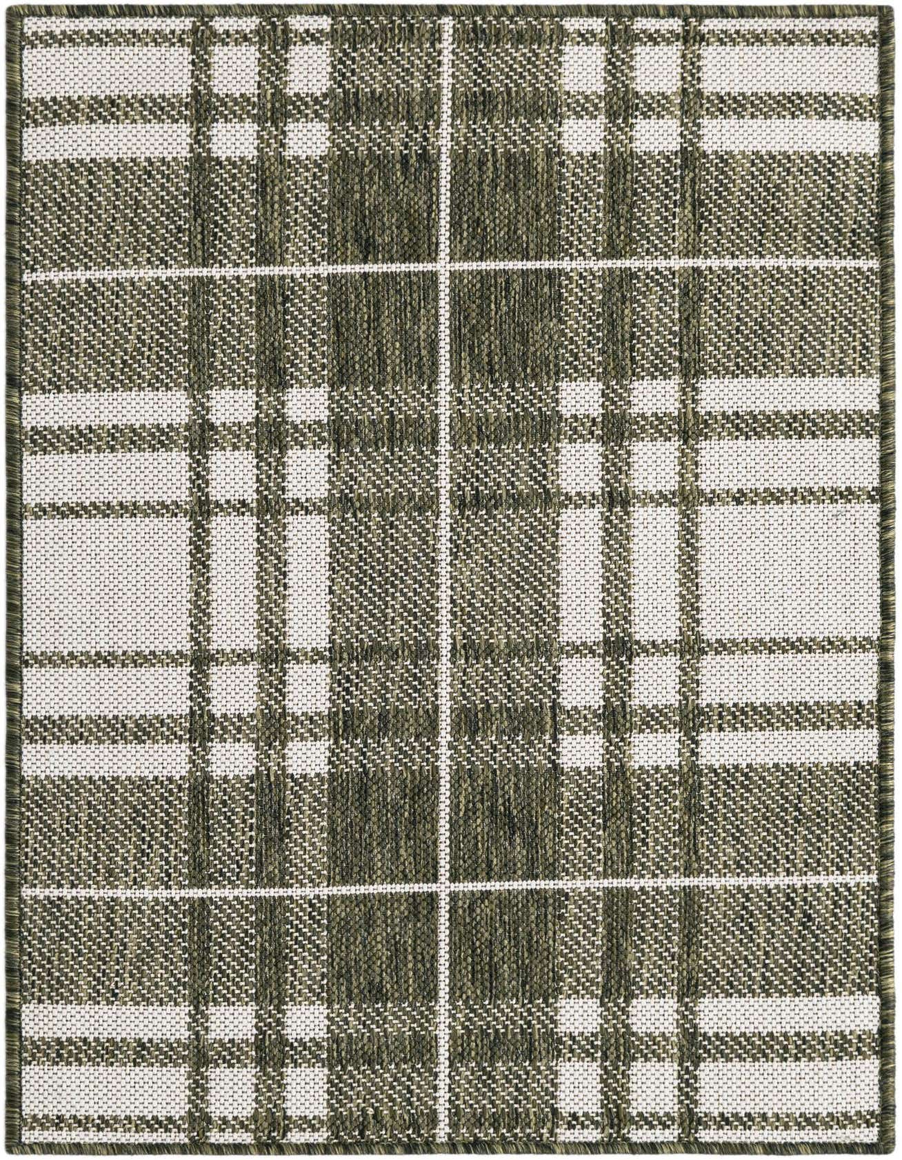 A 2x3 rectangular green and white checkered rug with a flat, textured weave, suitable for indoor or outdoor use.