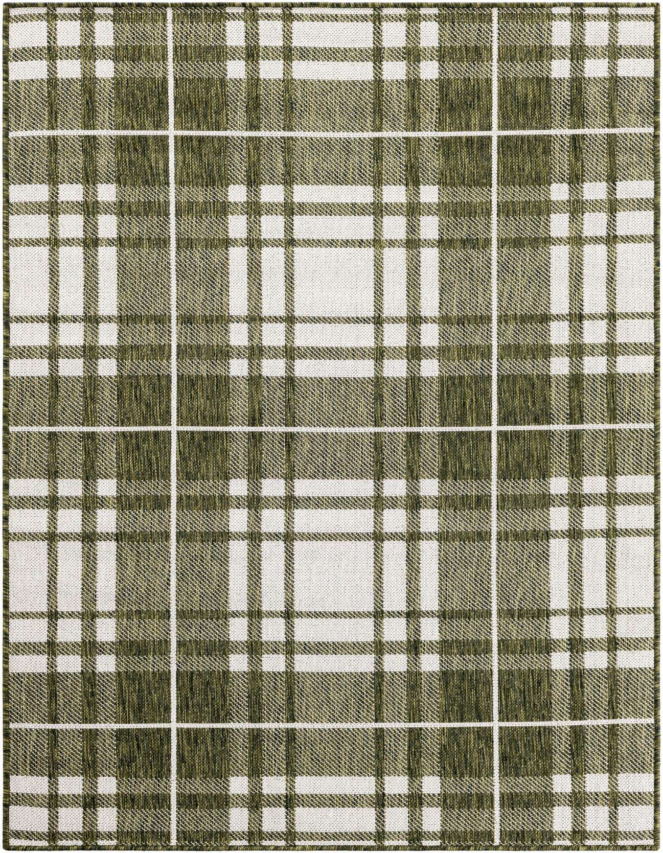 A 4x6 rectangular indoor/outdoor rug featuring a modern green and white checkered pattern, ideal for a patio or living room.