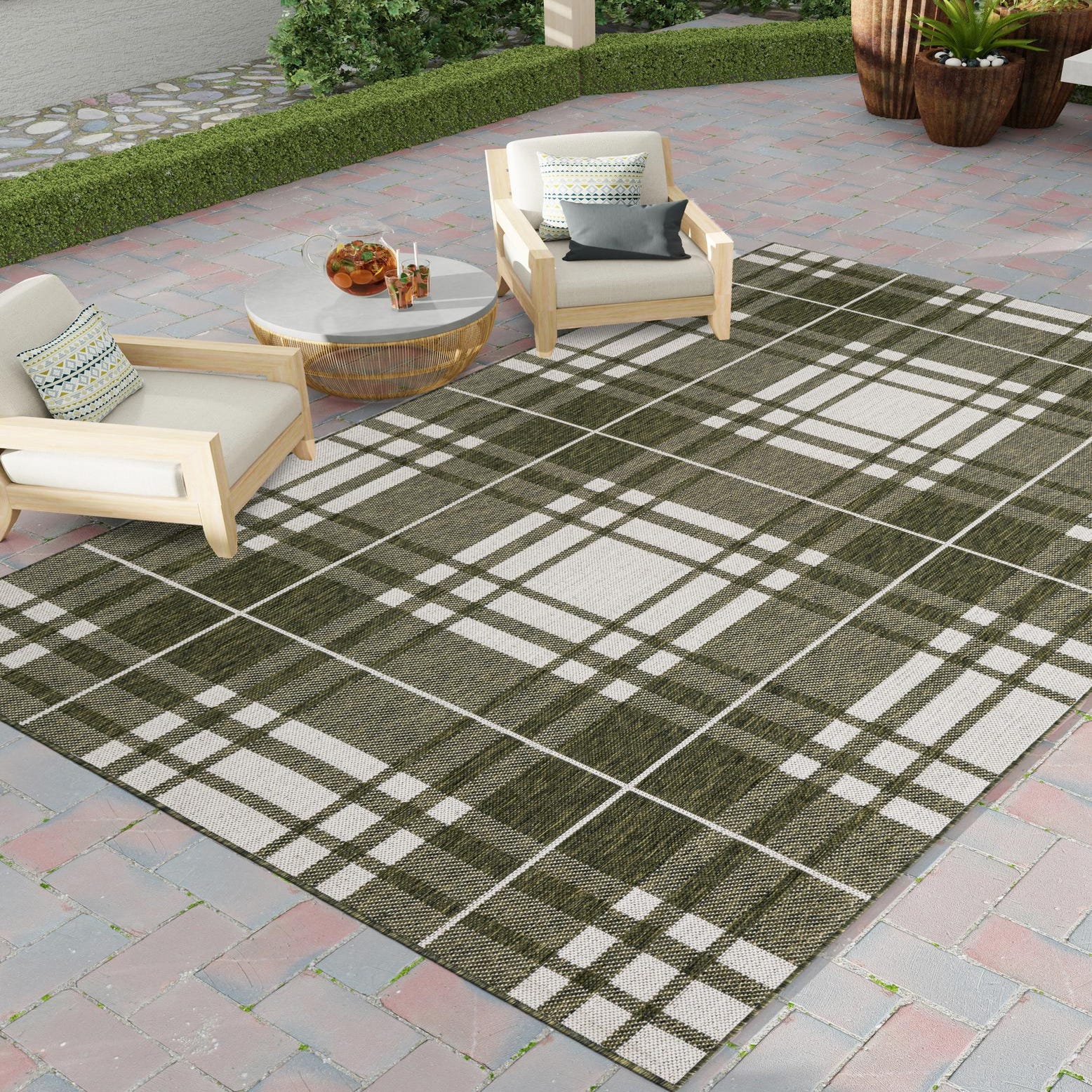 Green 4' x 6' Washable Checkered Indoor / Outdoor Rug | Rugs.com