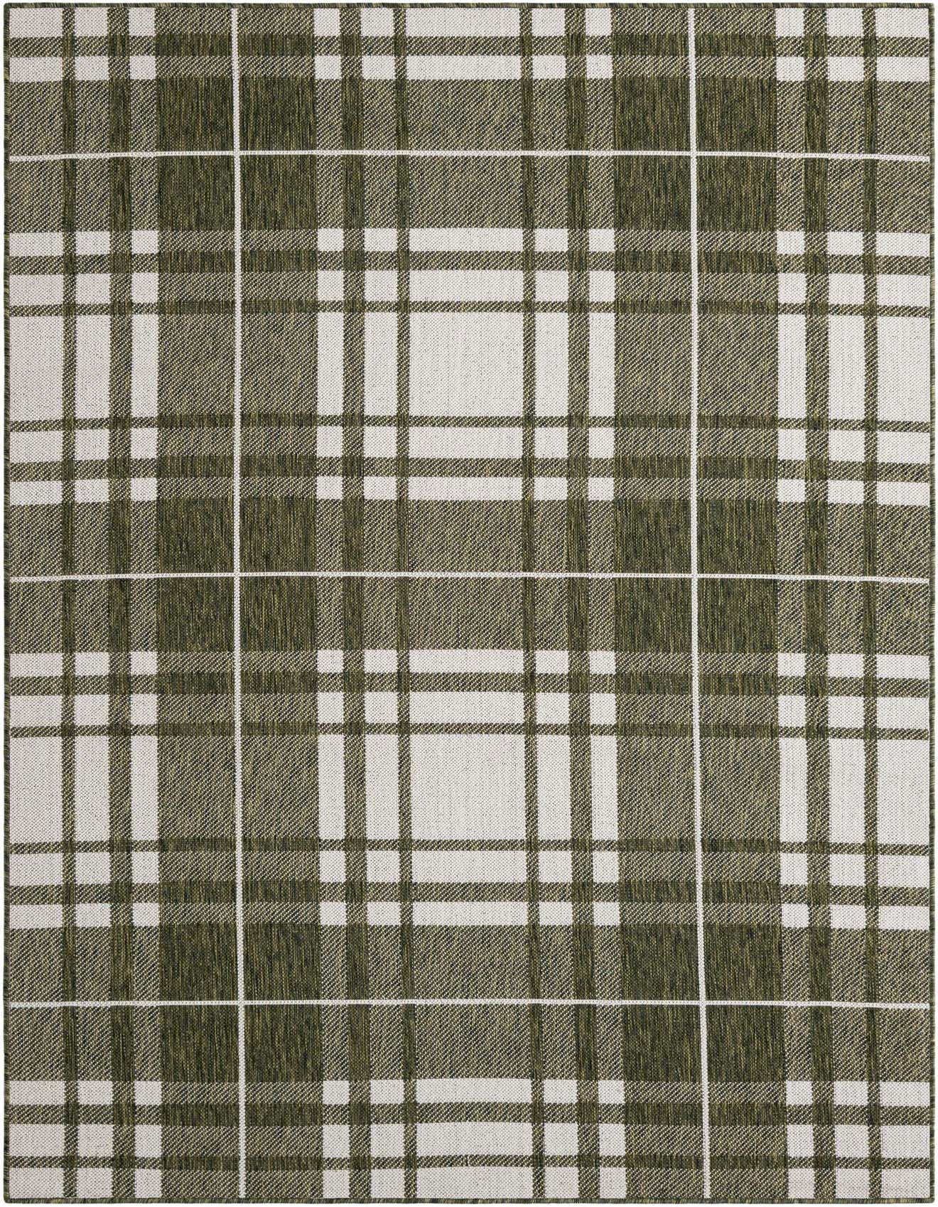 A 5x8 rectangular green and white modern plaid rug, suitable for indoor or outdoor use.