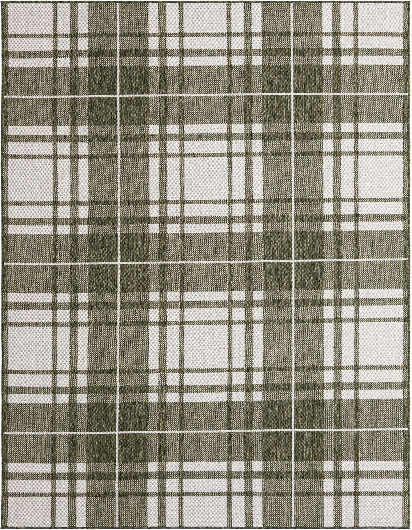 A 6x9 rectangular green and white checkered rug with a modern plaid pattern, suitable for indoor or outdoor use.