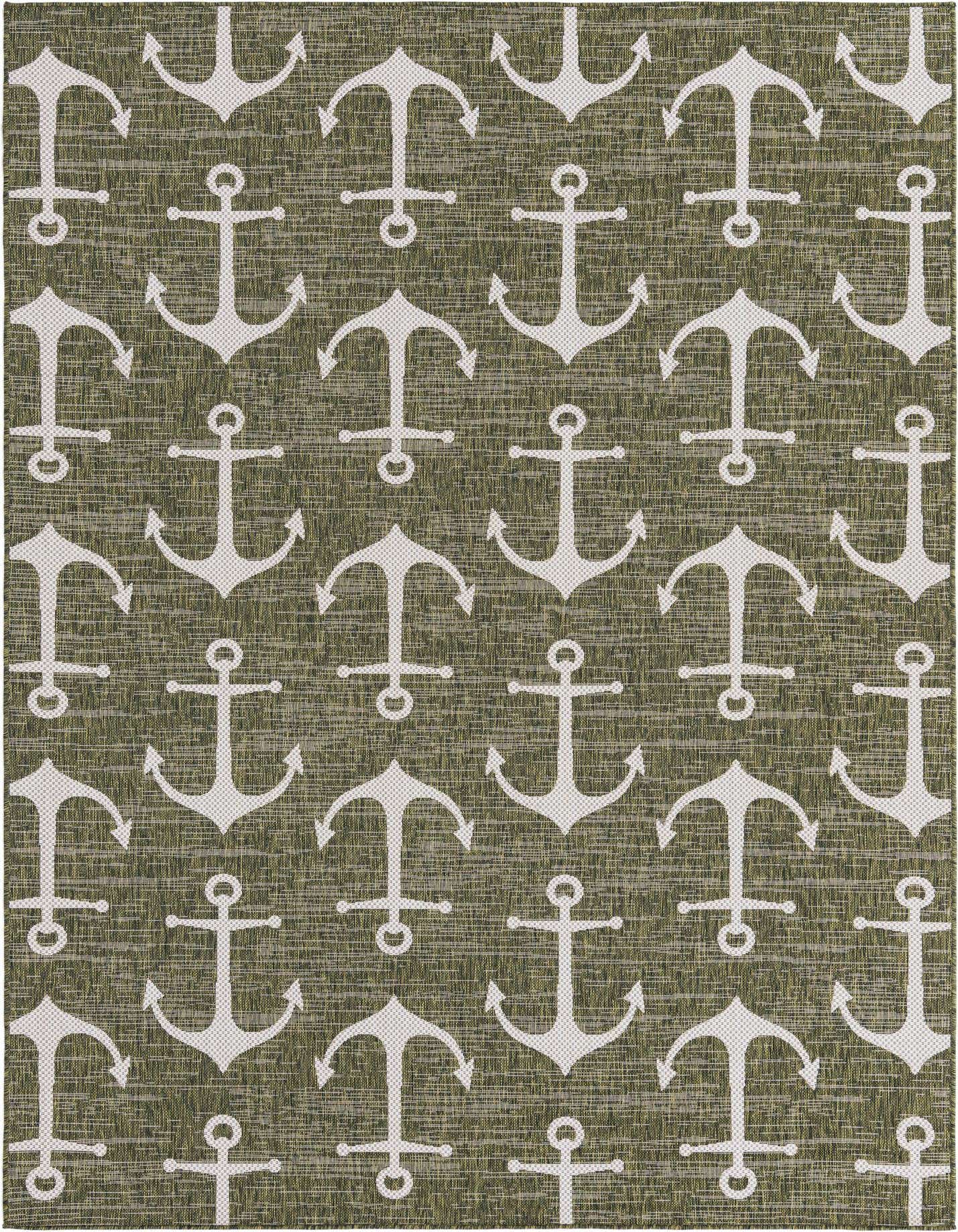 A 7x10 rectangular green indoor/outdoor rug with a repeating pattern of white anchors, ideal for a patio or living room.