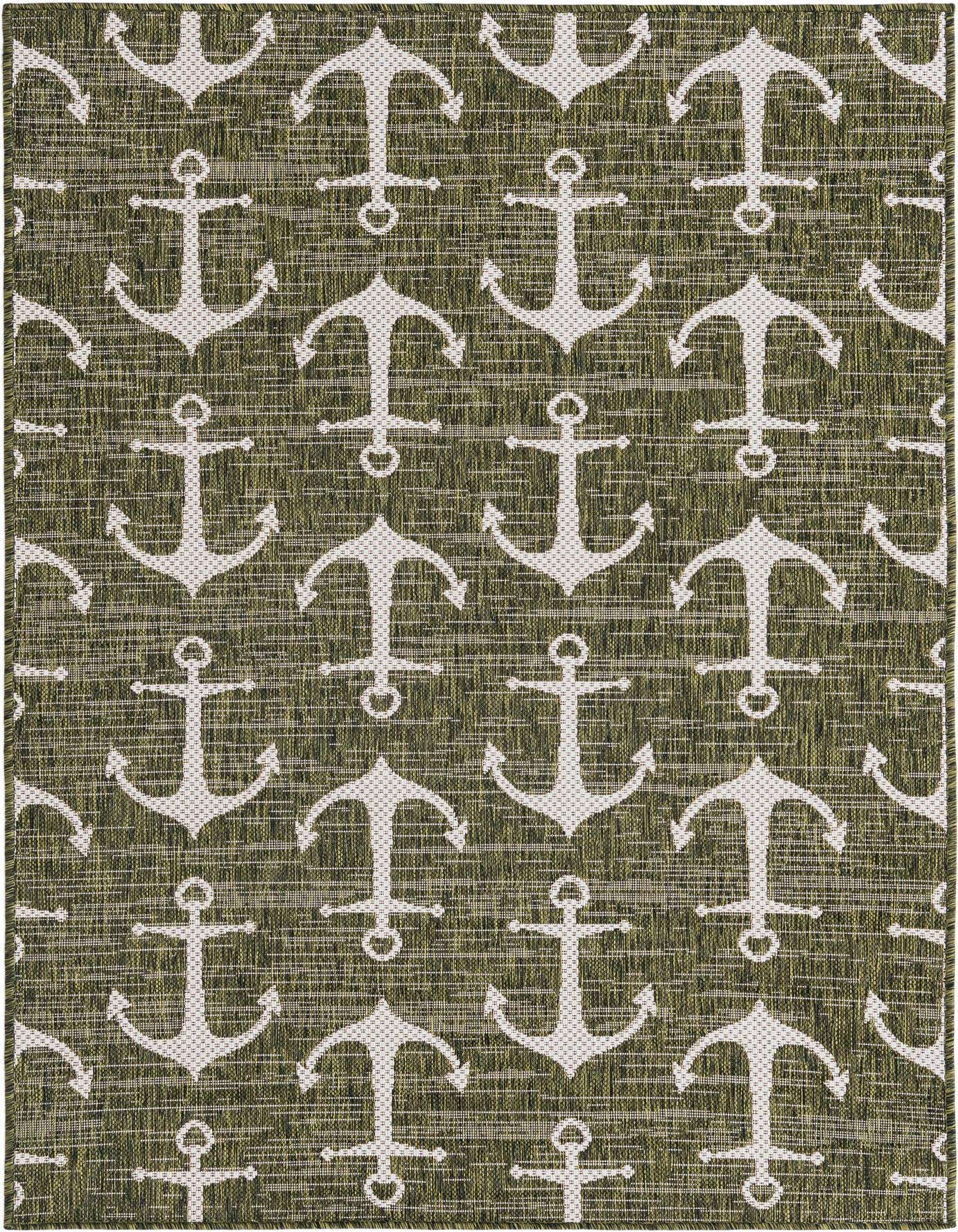 A 4x6 rectangular green indoor/outdoor rug with a repeating pattern of white anchors, ideal for a patio or living room.
