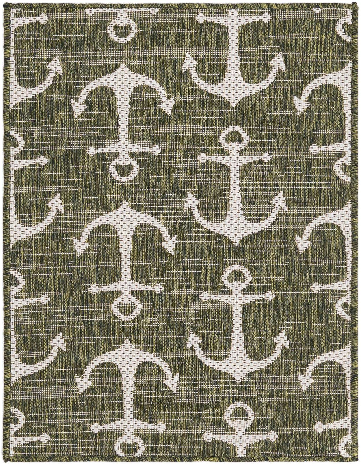 A 2x3 rectangular green indoor/outdoor rug with a repeating pattern of white anchors, ideal for a patio or entryway.
