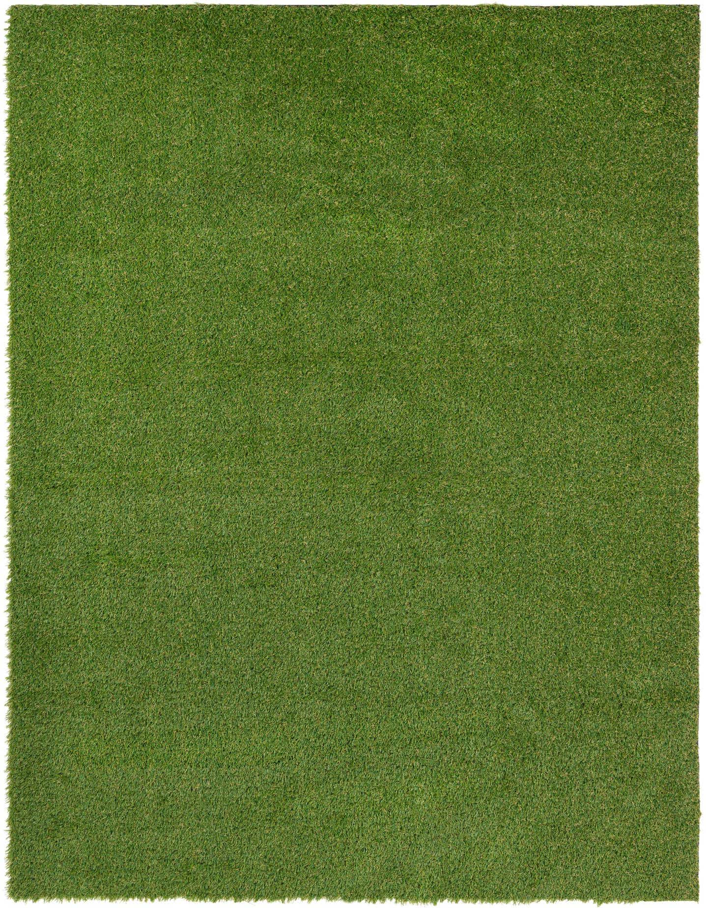 A 5x7 rectangular Rugs.com Outdoor Grass rug in a vibrant green, mimicking natural turf, suitable for patios.
