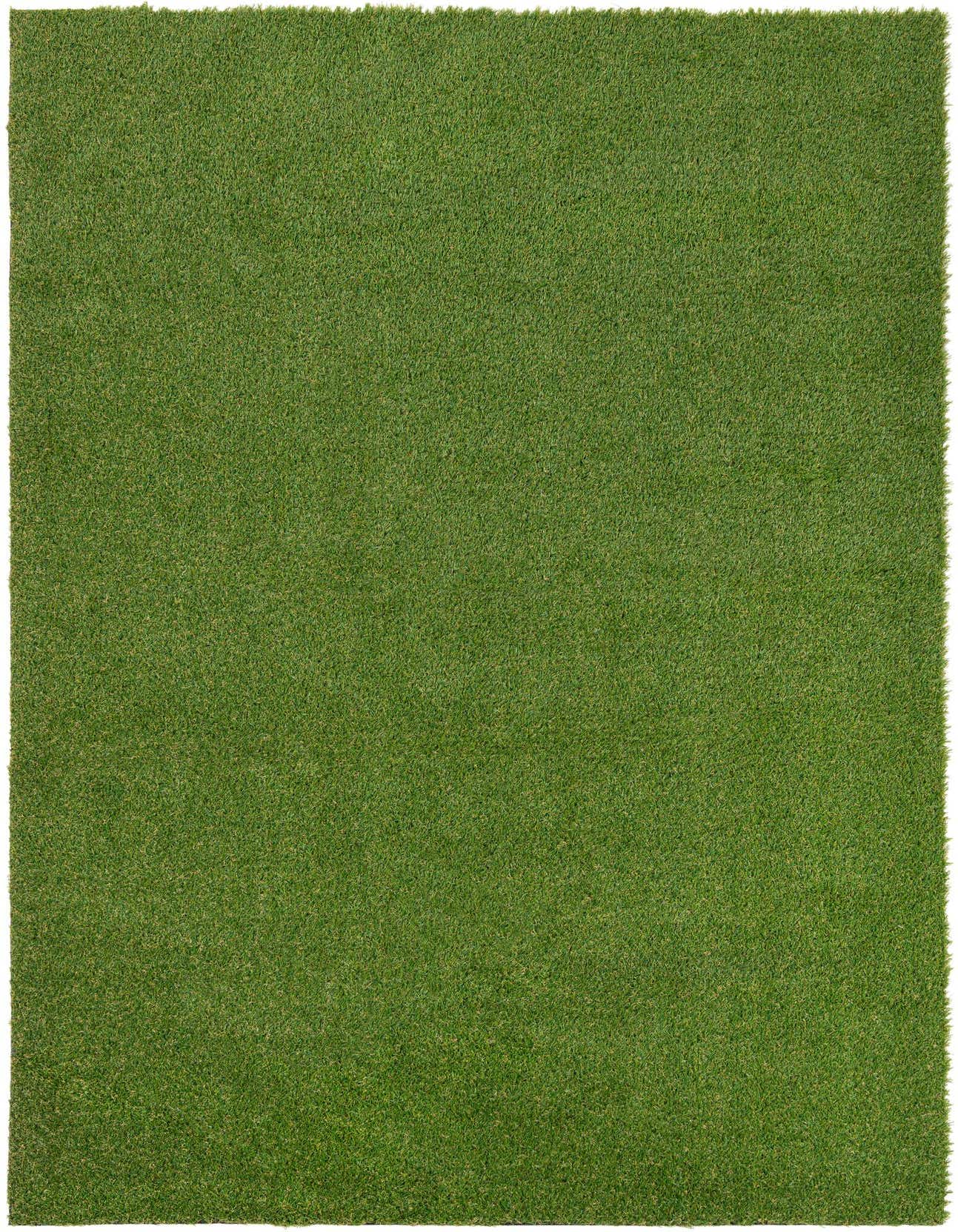 A rectangular 5x8 green artificial grass rug with a textured pile, suitable for indoor or outdoor use.
