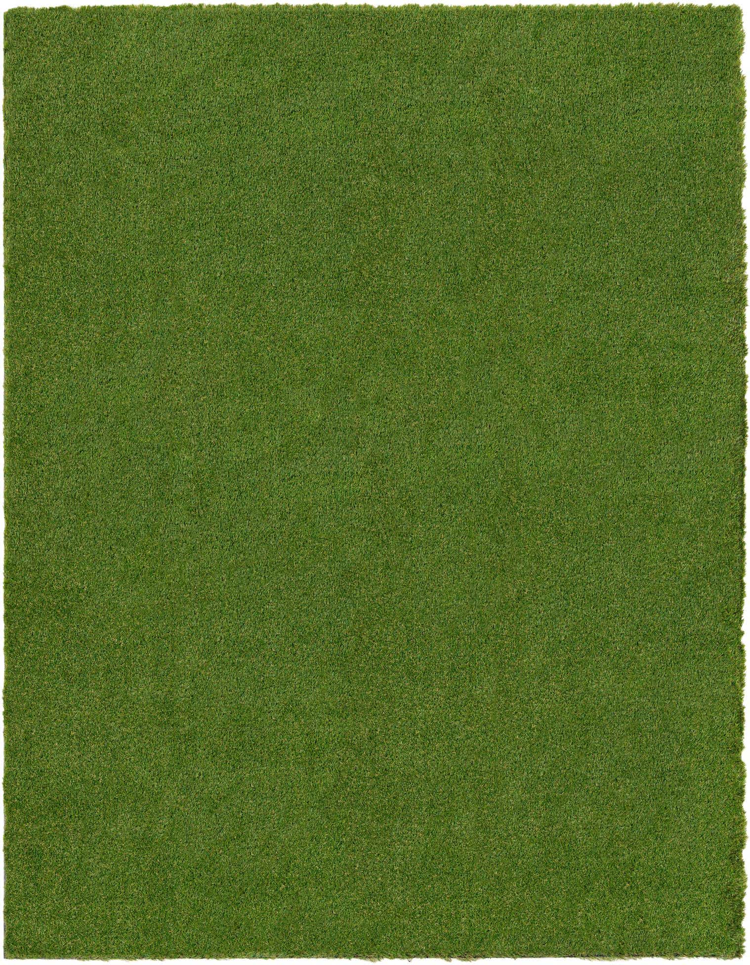 A vibrant green rectangular artificial grass rug, 10x13, with a medium textured pile, suitable for indoor or outdoor use.