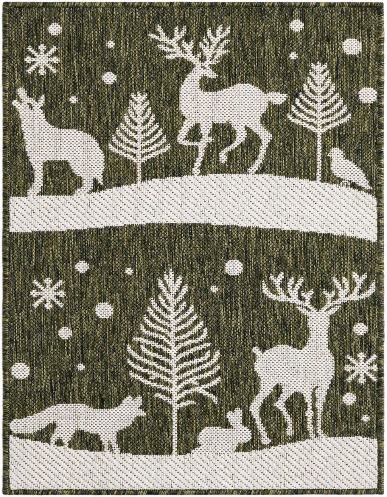 A 2x3 rectangular green and white rug featuring a modern winter forest scene with deer, fox, rabbit, and trees.