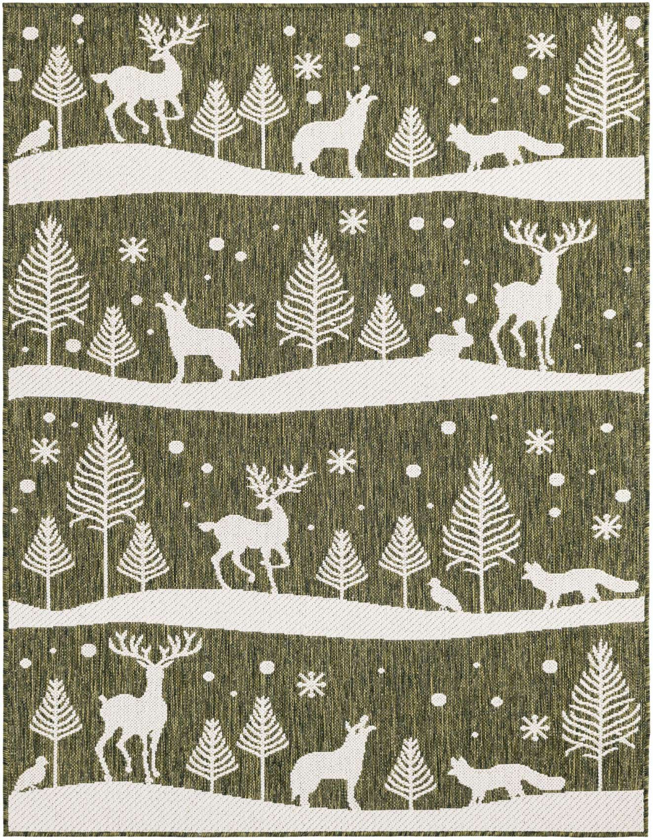 A 4x6 rectangular green and white rug featuring a modern winter forest scene with deer, foxes, and trees.