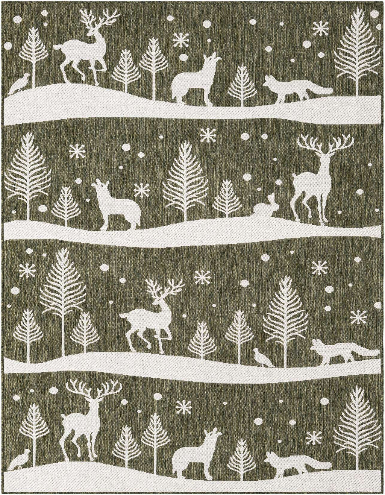 A 5x8 rectangular green and white rug featuring a modern winter forest scene with deer, foxes, rabbits, birds, and pine trees on snowy hills.