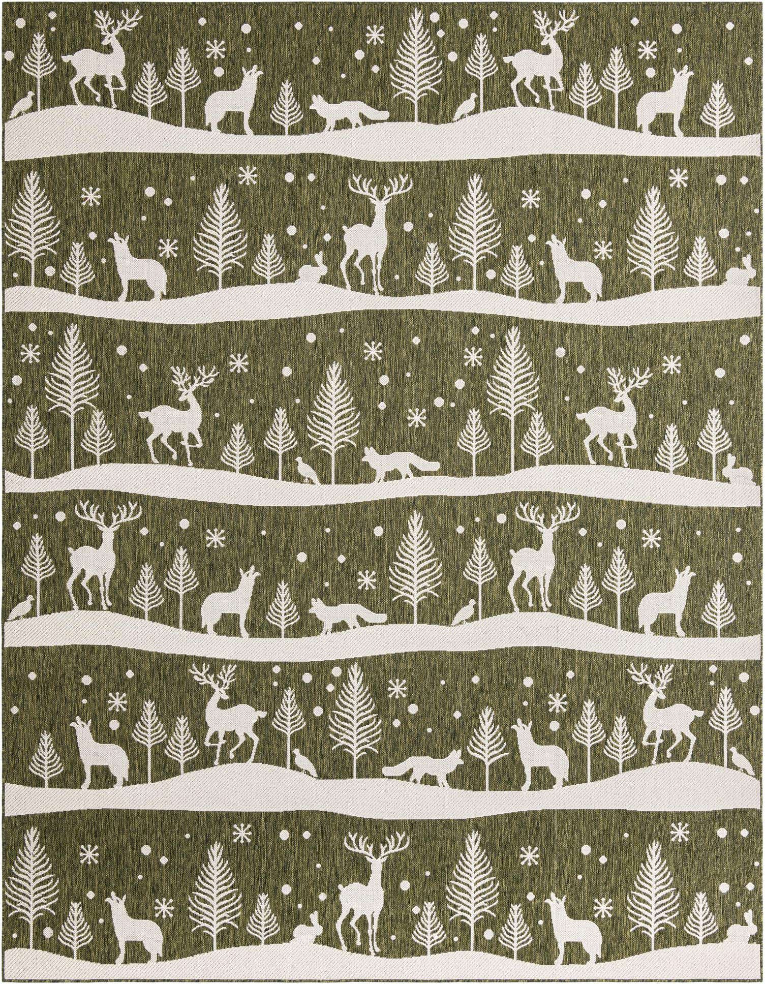 A 9x12 rectangular green rug with a modern winter forest pattern featuring white deer, foxes, rabbits, birds, and pine trees on snowy hills.