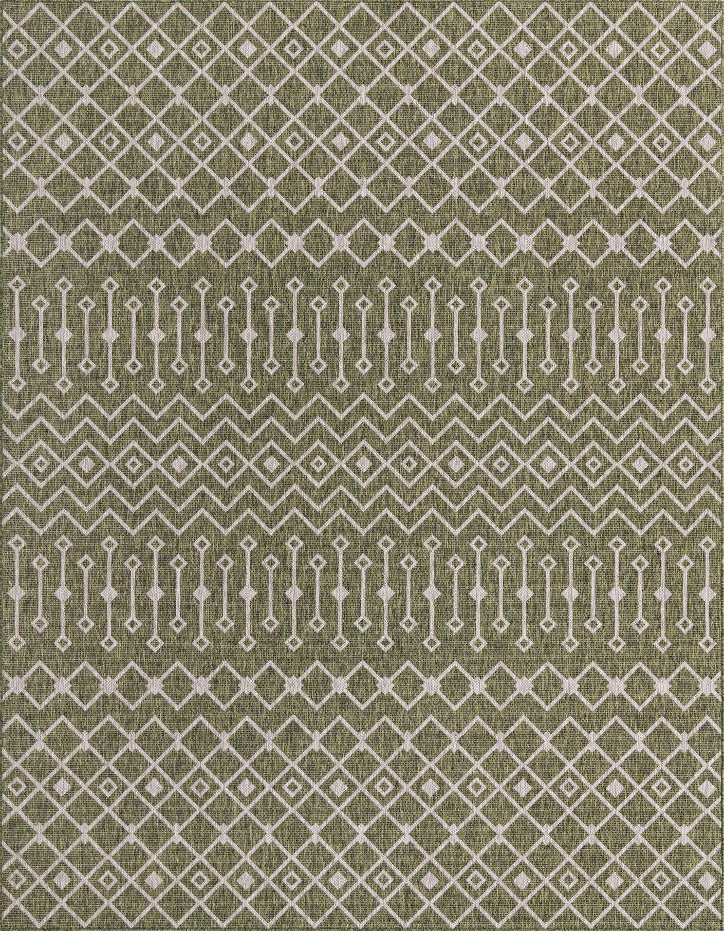 A 10x14 rectangular green and white tribal pattern rug with geometric diamonds and chevron stripes.
