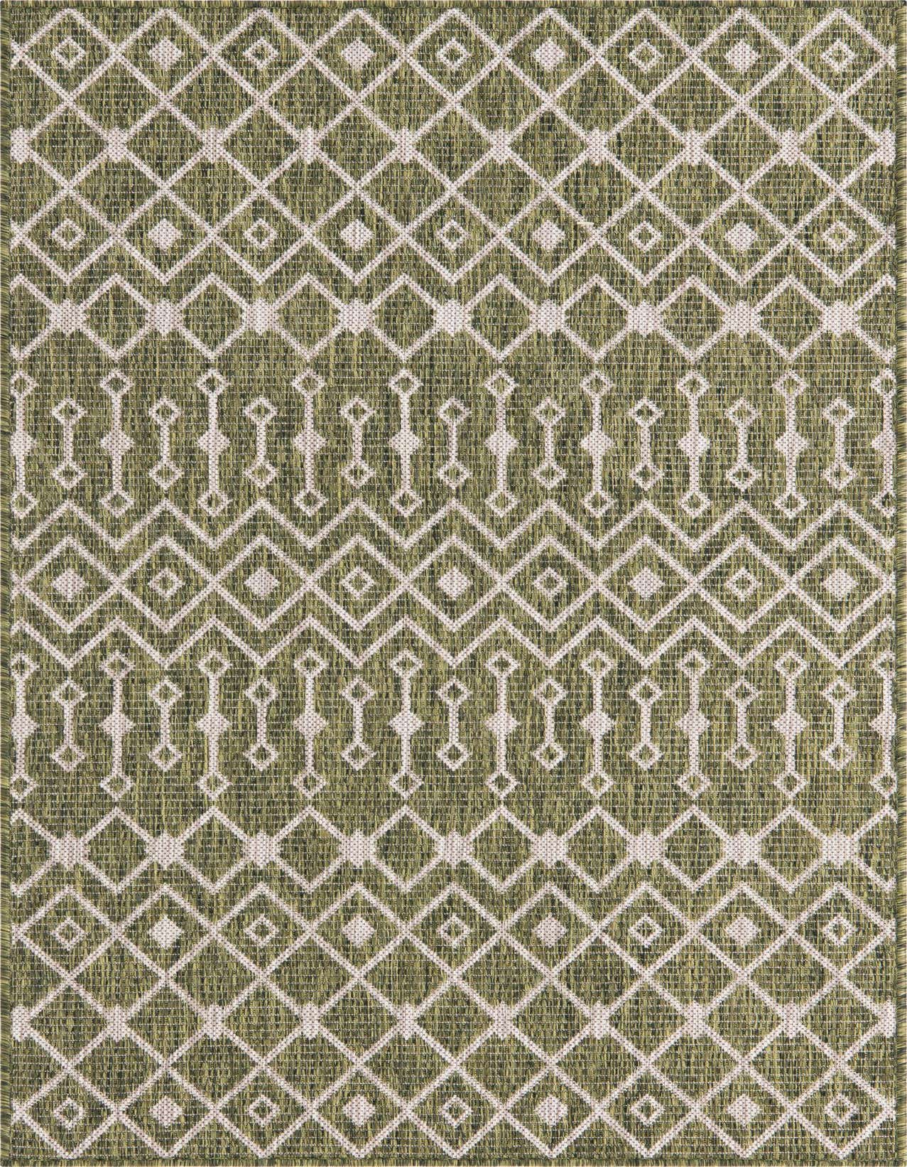 A 3x5 rectangular green and off-white indoor/outdoor rug with a tribal geometric pattern, suitable for a patio or entryway.