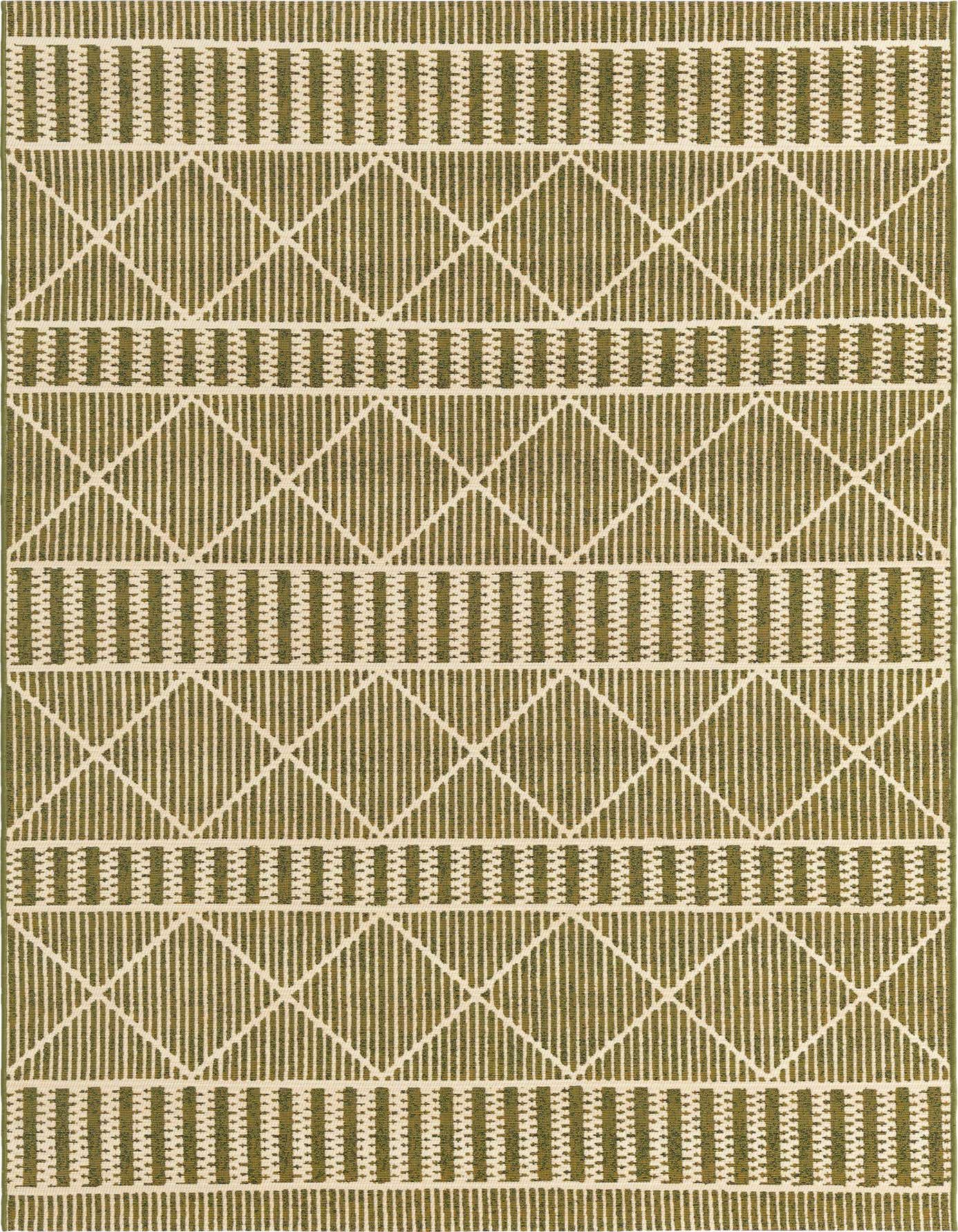 A 5x8 rectangular green and cream flatweave rug with a modern tribal trellis pattern, suitable for indoor/outdoor use.