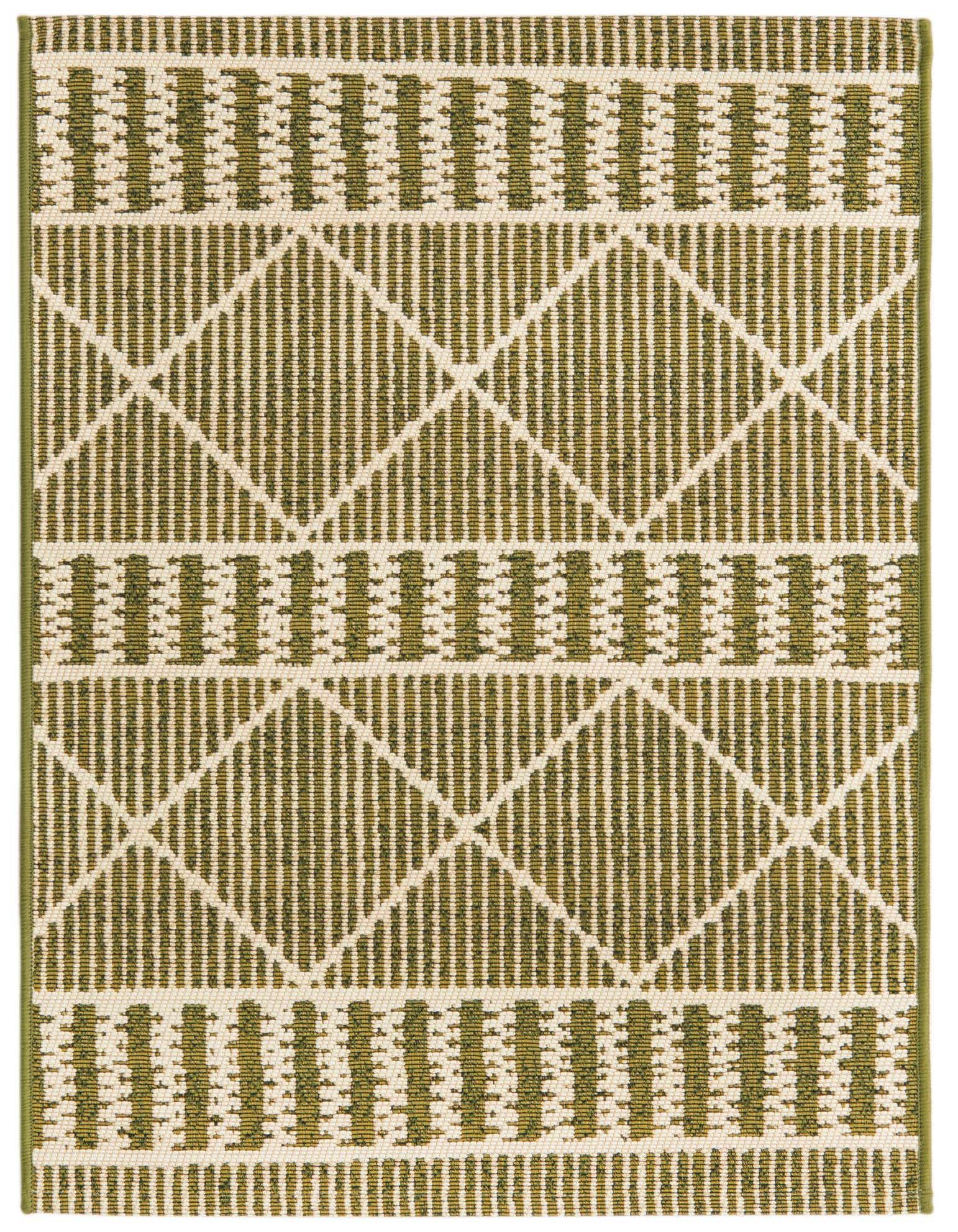 A 2x3 rectangular green and cream flatweave rug with a tribal trellis pattern, suitable for indoor or outdoor use.