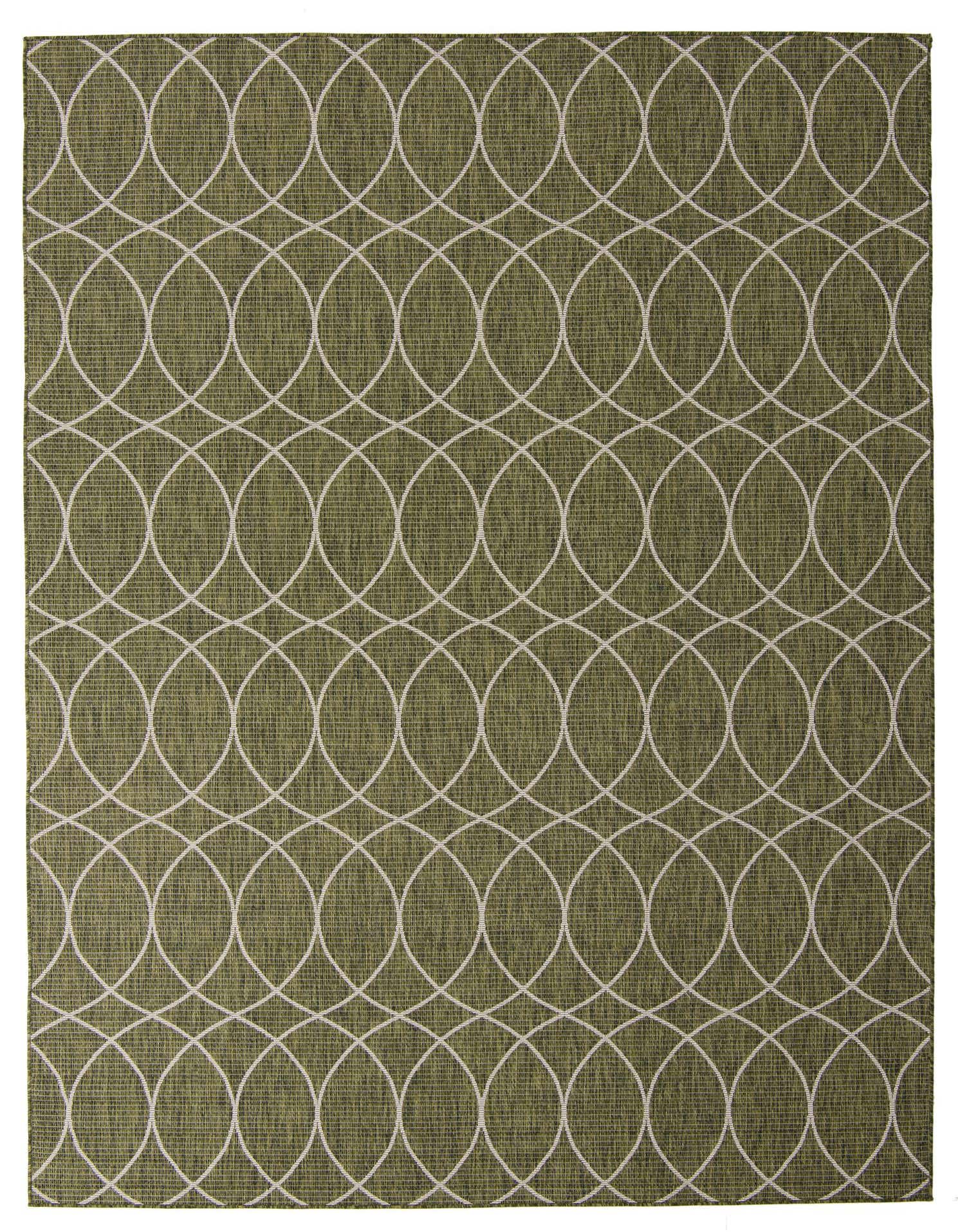 A 9x12 rectangular green indoor/outdoor rug with a modern white trellis pattern, suitable for a patio or living room.