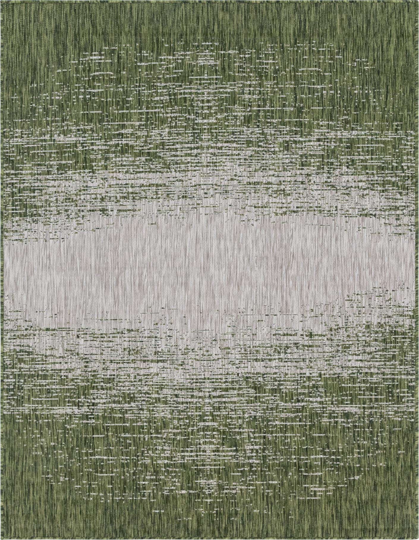 An 8x11 rectangular indoor/outdoor rug featuring a modern abstract design with shades of green fading into a light grey center.