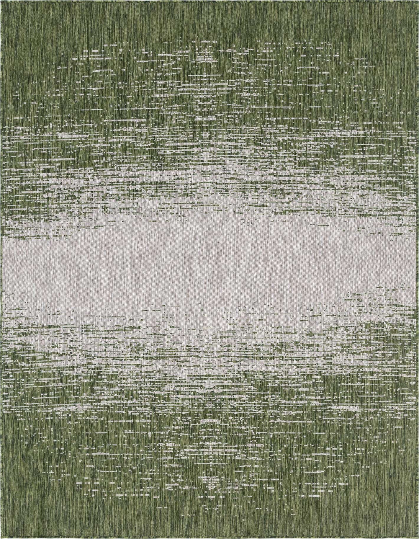 A 7x10 rectangular green and white indoor/outdoor rug with a modern, textured horizontal stripe pattern.