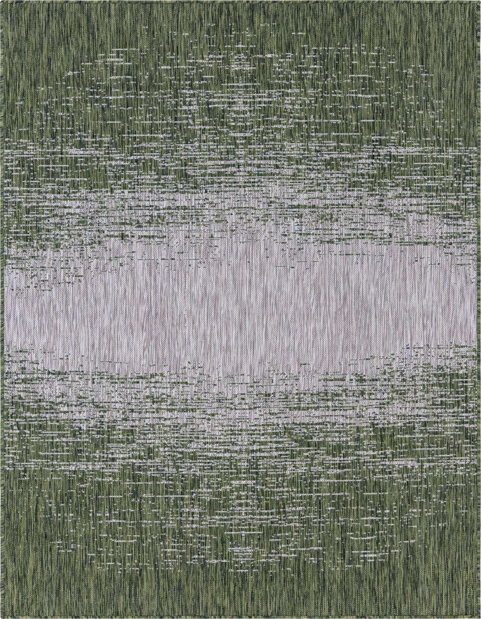 A 5x8 rectangular green and white flatweave rug with a textured, faded stripe pattern, suitable for indoor/outdoor use.