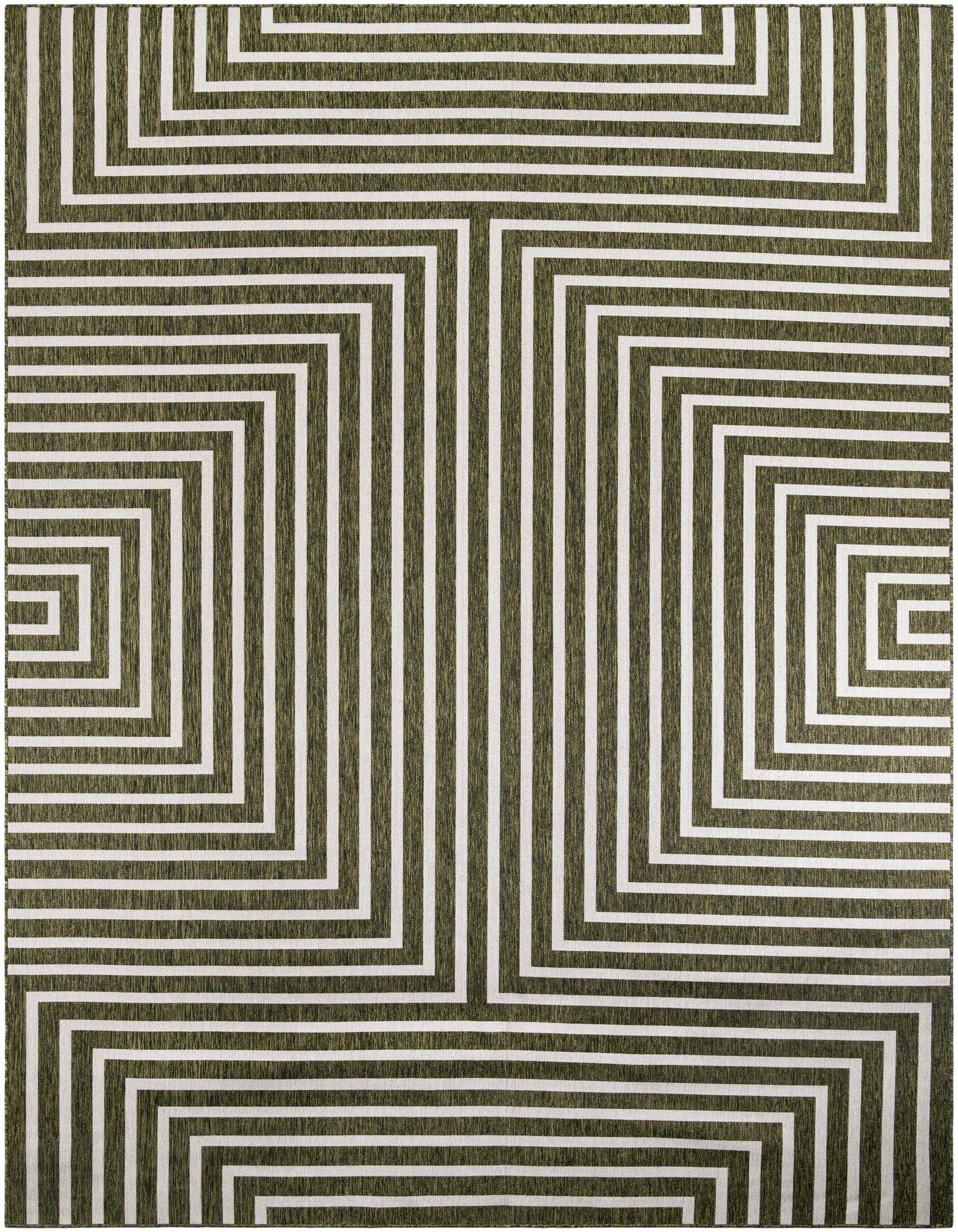 A 10x14 rectangular green and white modern rug featuring an abstract geometric pattern of concentric squares and vertical lines.