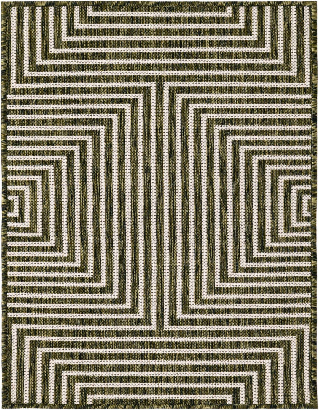 A 2x3 rectangular green and white modern flatweave rug with a bold geometric abstract pattern, suitable for indoor or outdoor use.