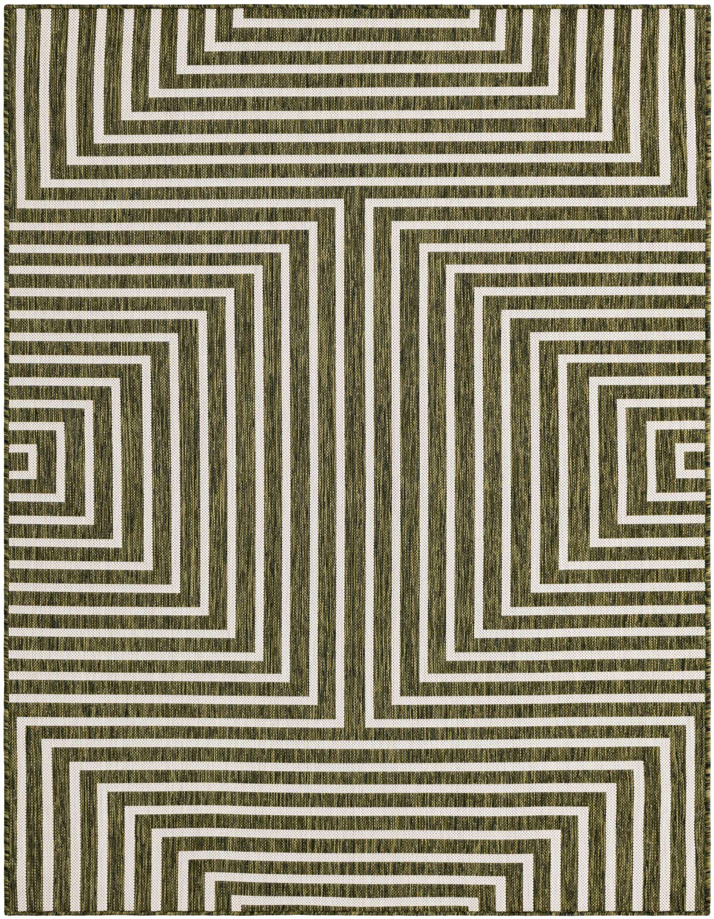 A 5x7 rectangular indoor/outdoor rug featuring a modern abstract geometric pattern of green and white stripes.