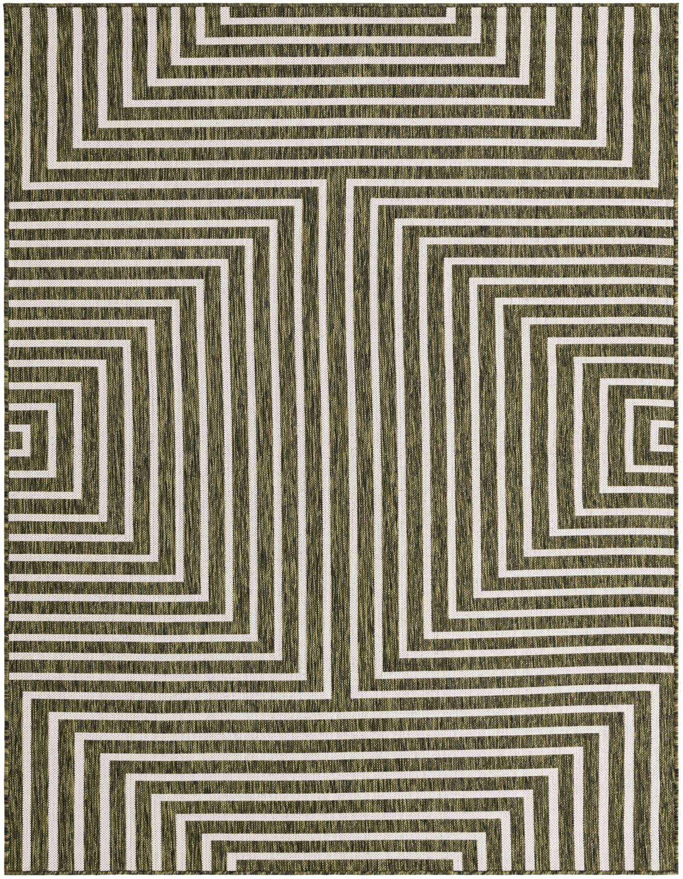 A 5x8 rectangular green and white abstract rug with a modern geometric pattern of interlocking lines and squares.