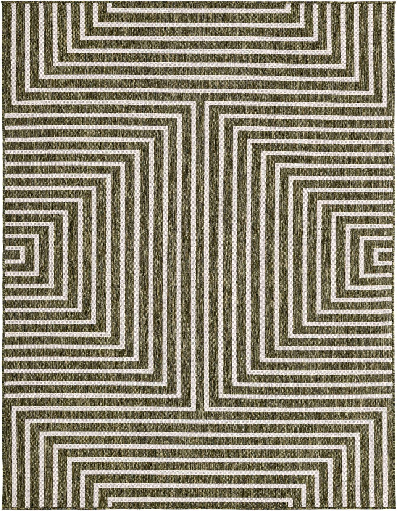 A 6x9 rectangular green and white modern abstract rug with a geometric maze-like pattern, suitable for indoor or outdoor use.