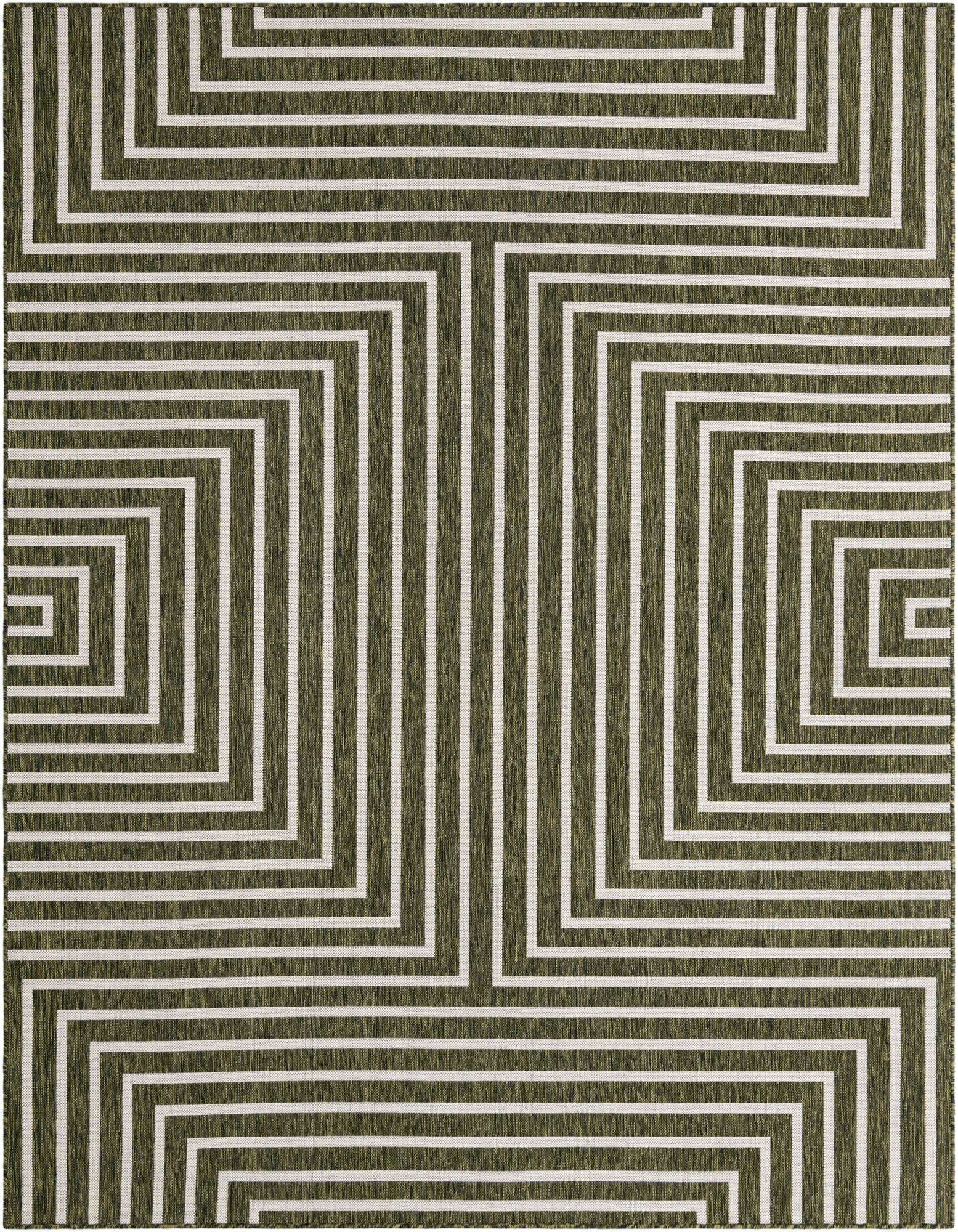 8x10 rectangular green and white modern abstract rug with a geometric maze-like pattern, suitable for indoor or outdoor use.