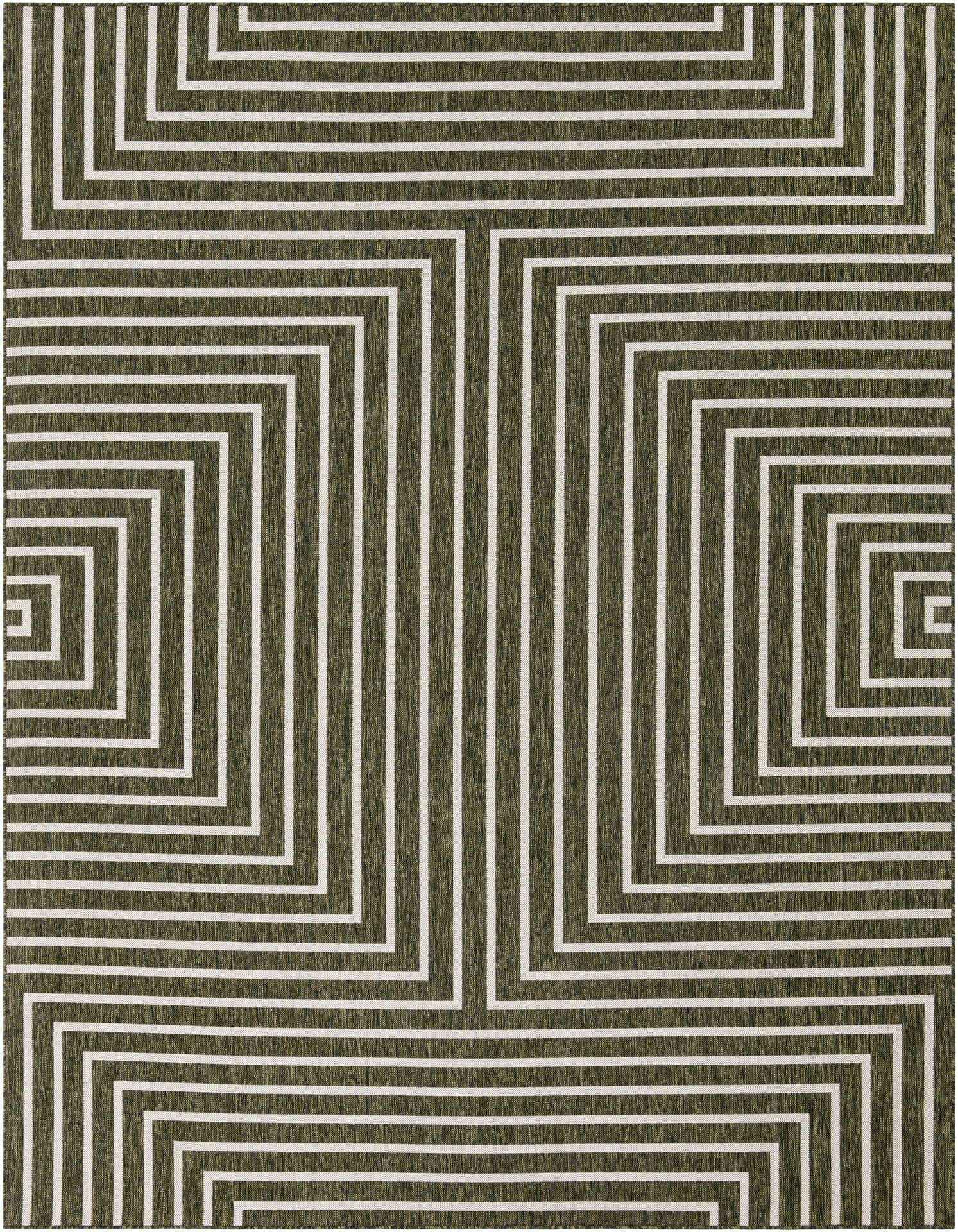 A 9x12 rectangular green and white modern abstract rug with a geometric maze-like pattern, suitable for indoor or outdoor use.