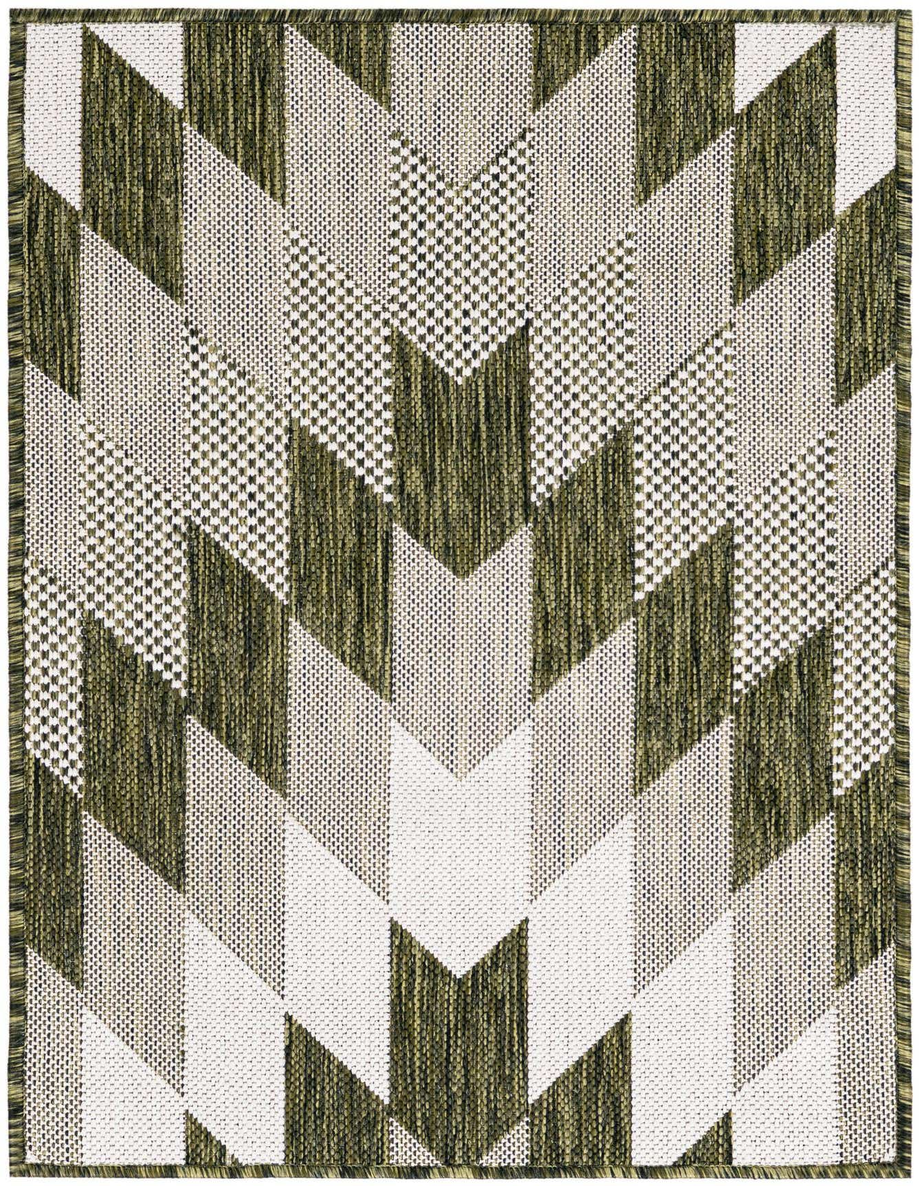 A 2x3 rectangular green and white tribal pattern rug with a flatweave texture, suitable for indoor or outdoor use.