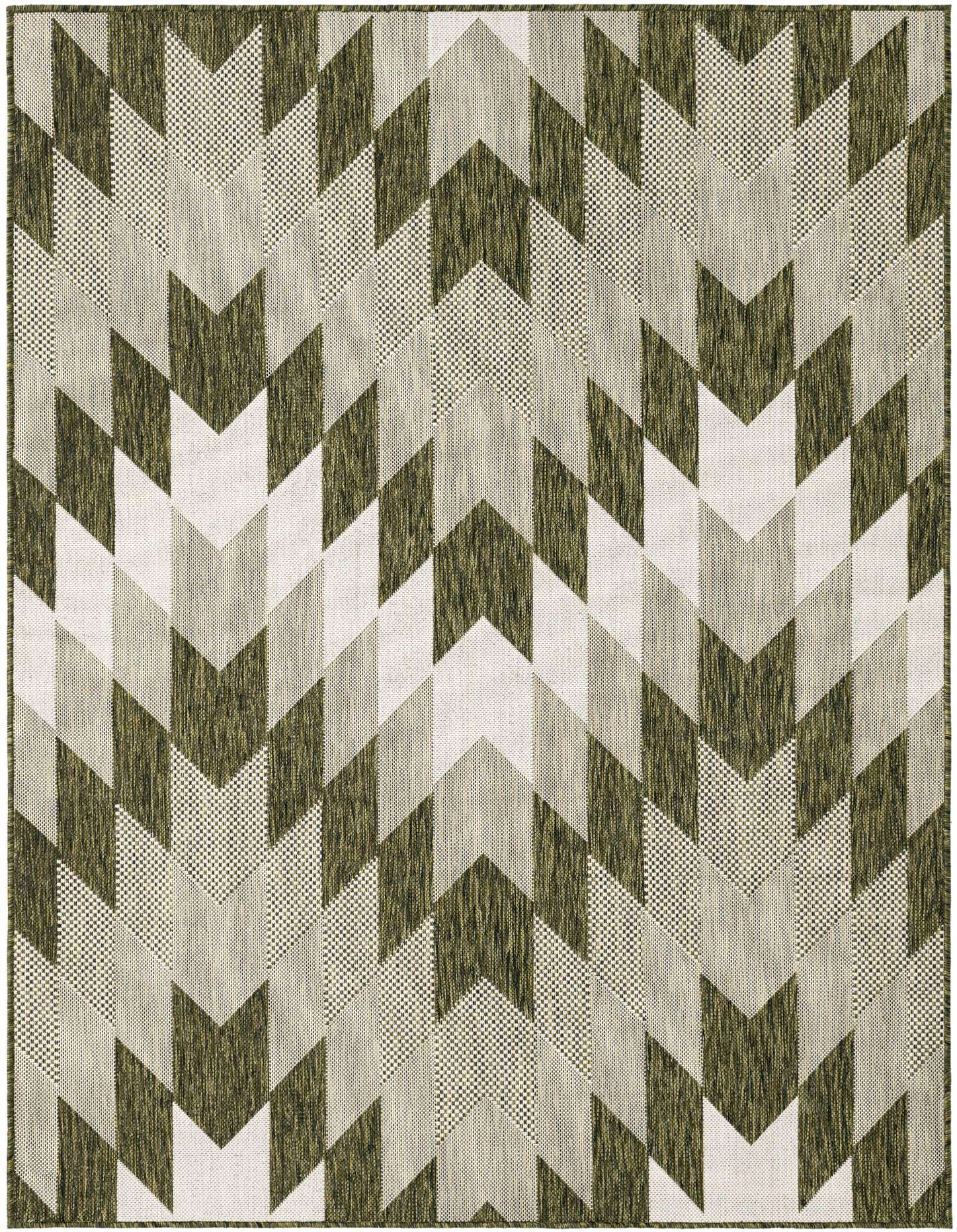 A 5x7 rectangular green and beige tribal geometric rug with a flatweave texture, suitable for indoor or outdoor use.