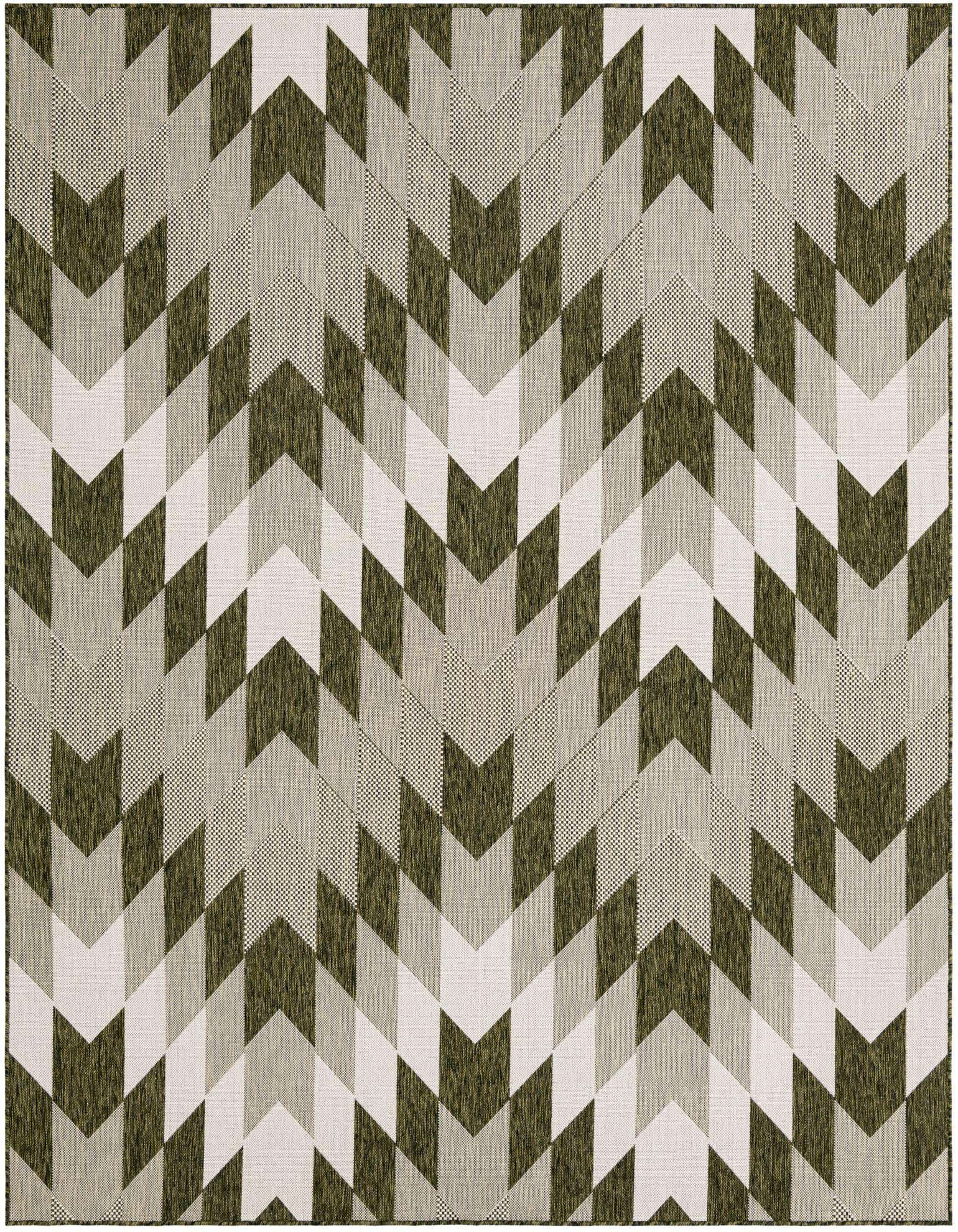 An 8x10 rectangular green and white flatweave rug with a modern tribal geometric chevron pattern, suitable for indoor or outdoor use.