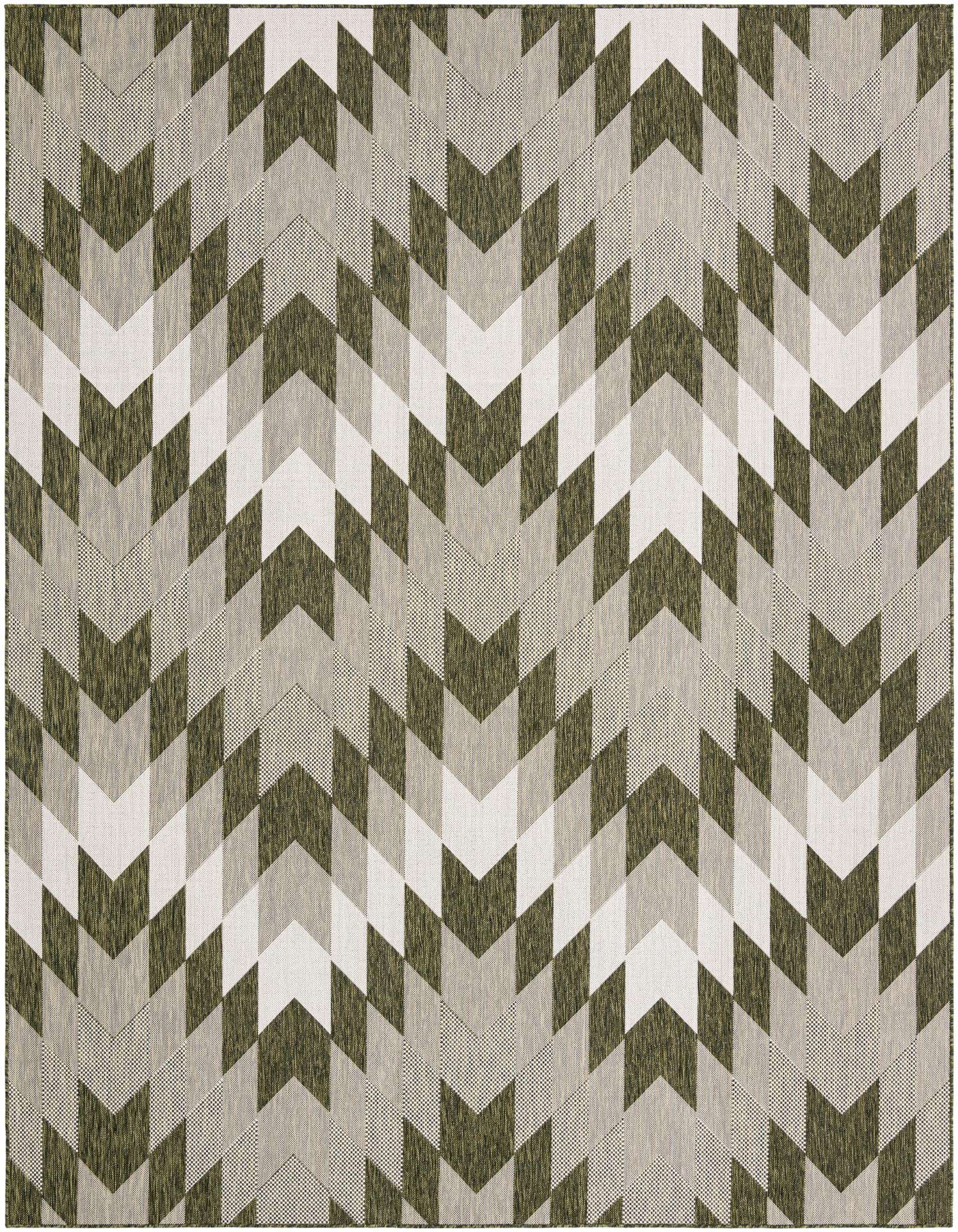 A 9x12 rectangular indoor/outdoor rug featuring a modern tribal pattern in shades of green, white, and light gray.