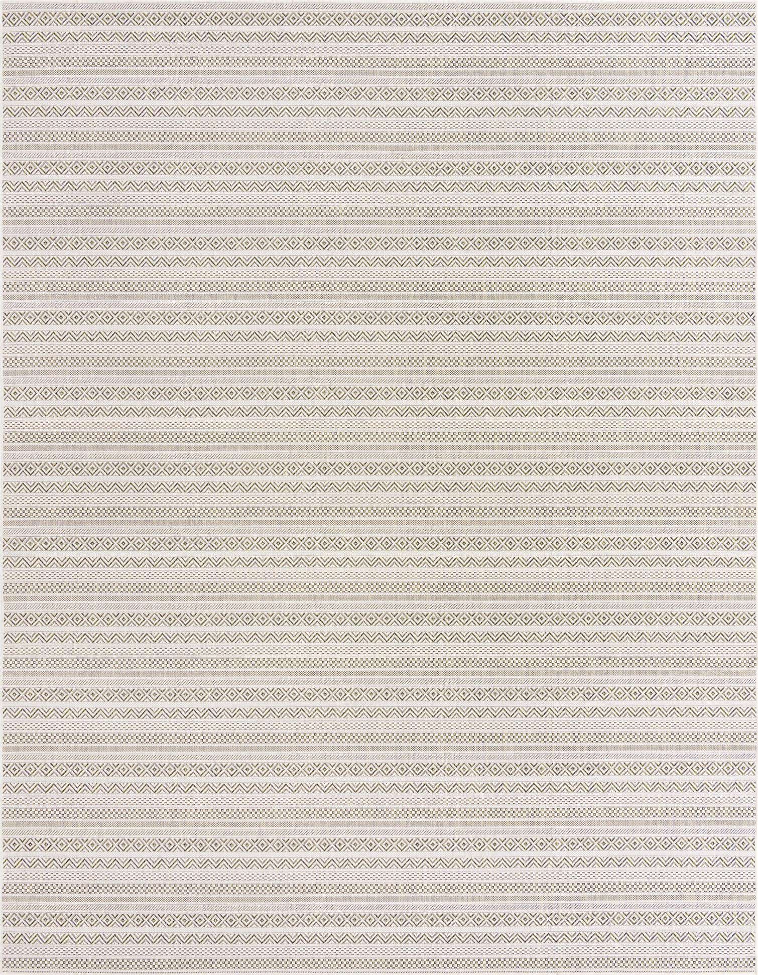 A 9x12 rectangular indoor/outdoor rug featuring a green and cream tribal striped pattern with geometric shapes.