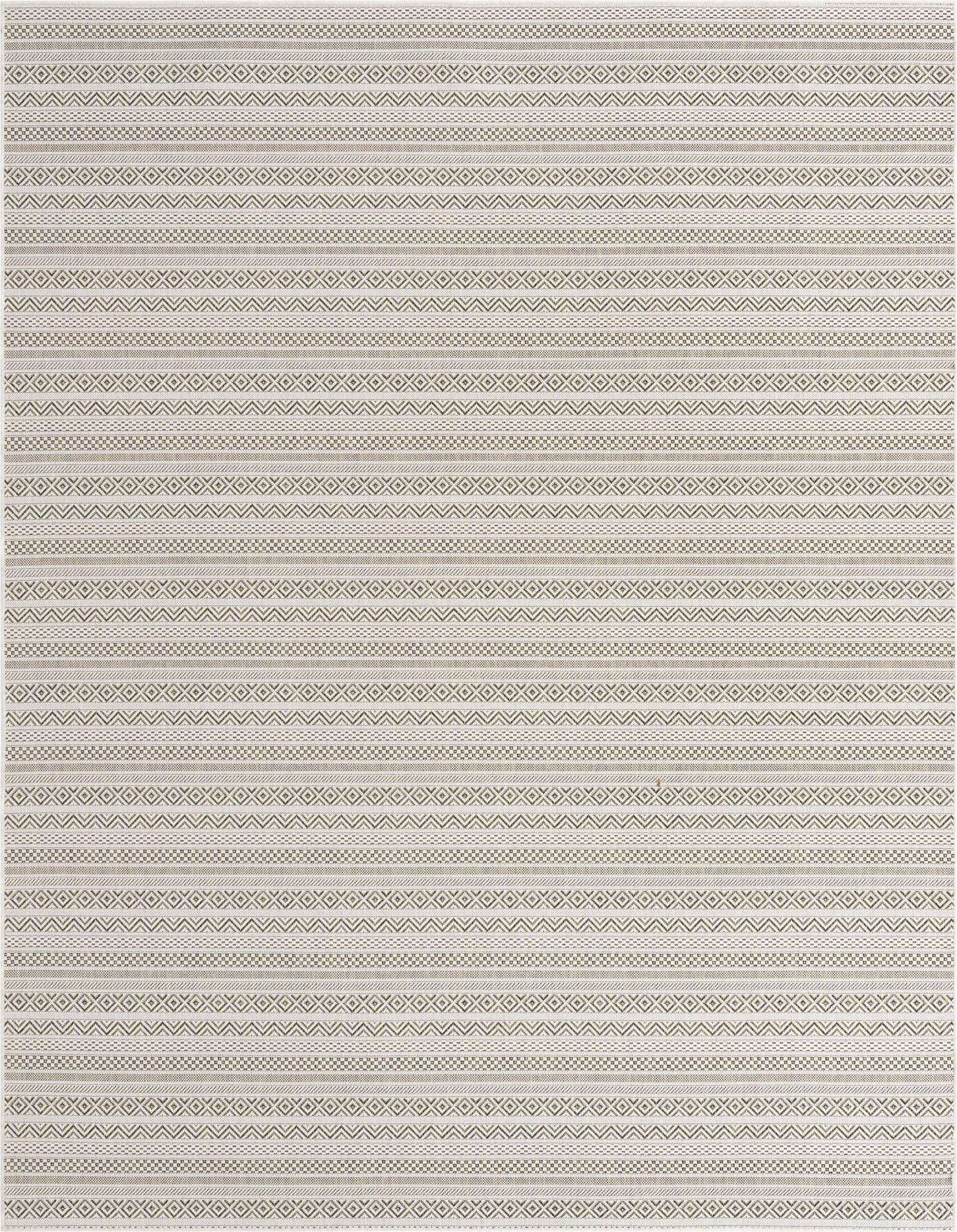 An 8x11 rectangular green tribal flatweave rug with horizontal stripes of geometric patterns, suitable for indoor or outdoor use.