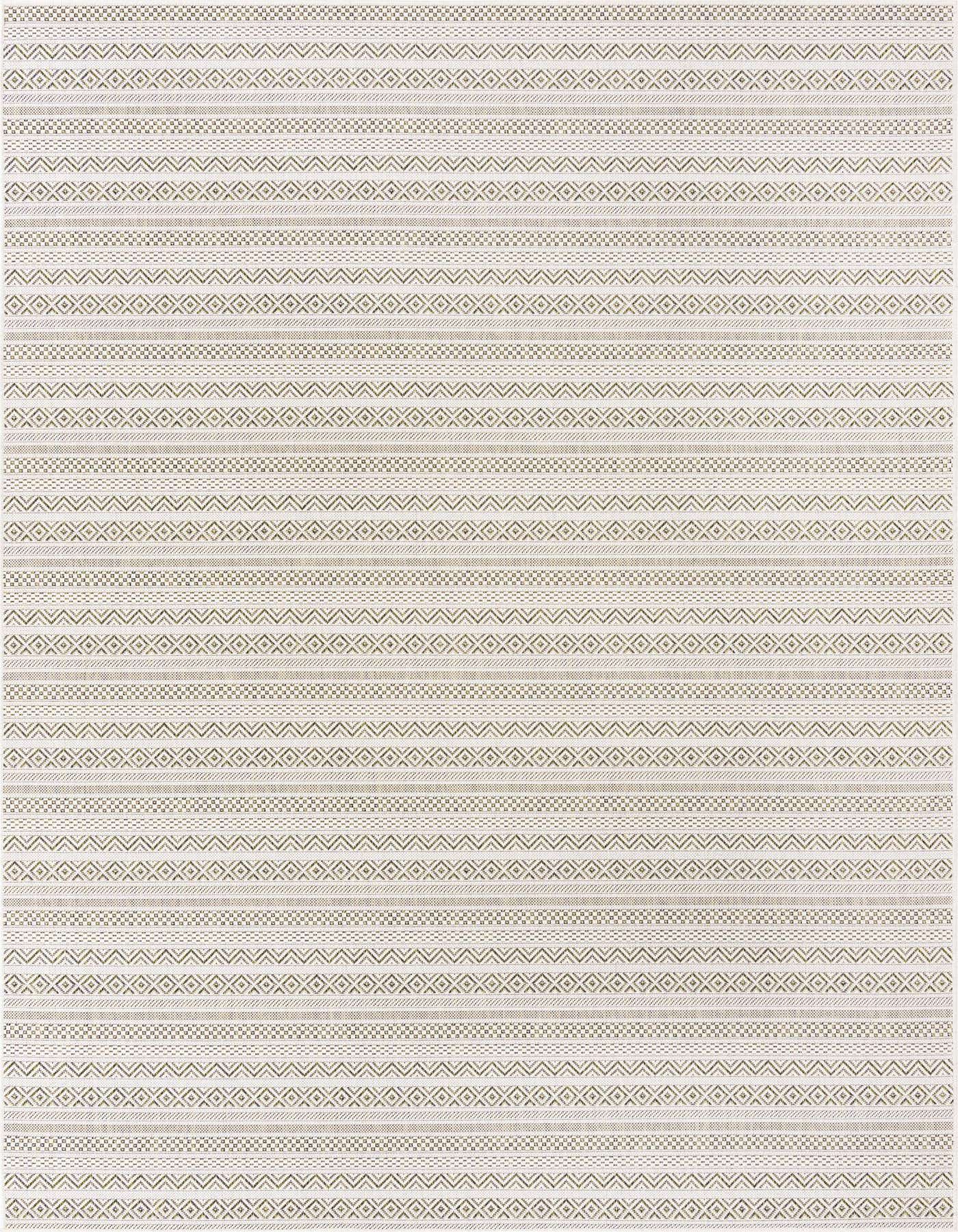 A 7x10 rectangular green and white tribal flatweave rug with horizontal stripes of geometric patterns, suitable for indoor or outdoor use.