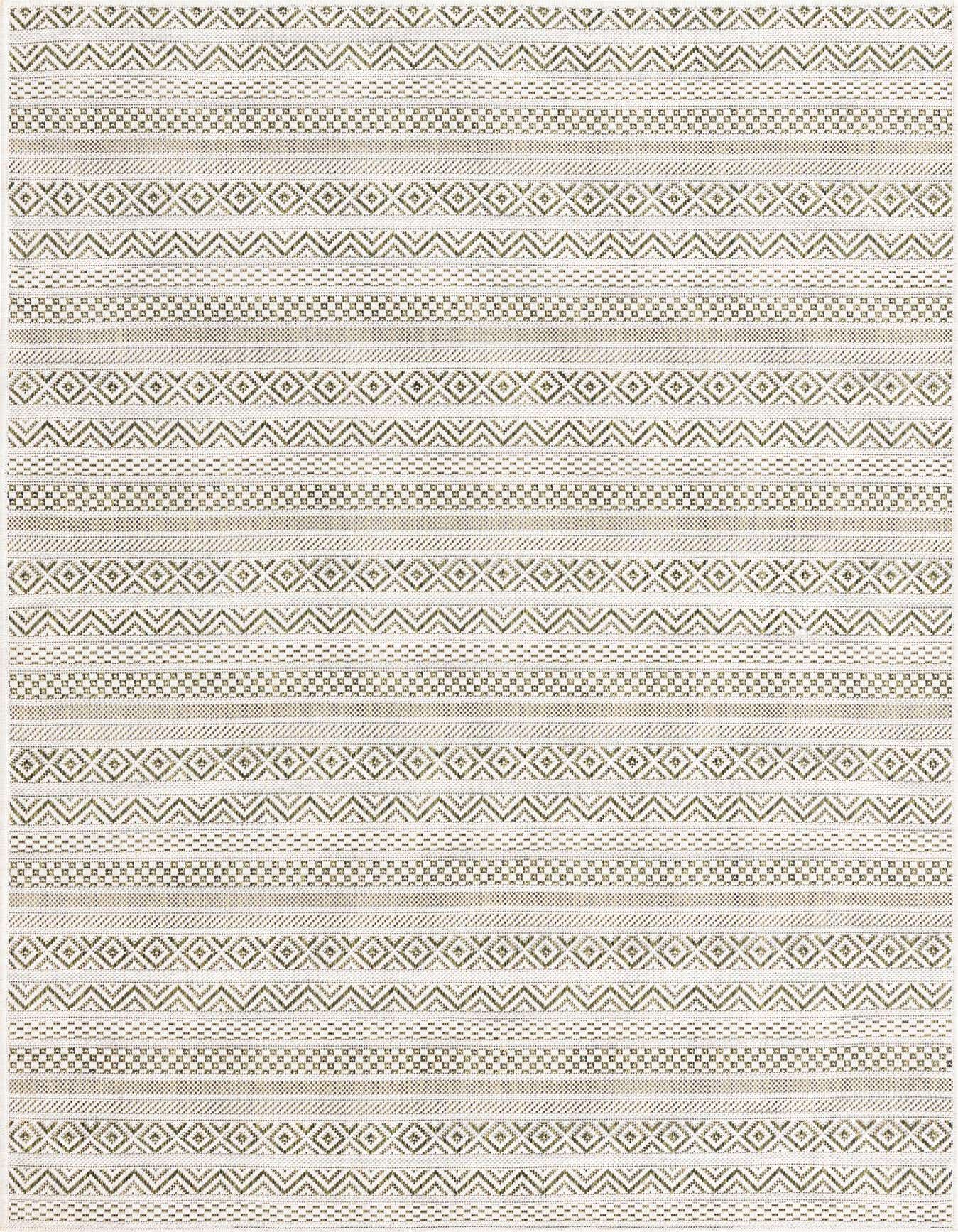 A 4x6 rectangular indoor/outdoor rug featuring a modern tribal pattern with alternating stripes of green and white geometric designs.