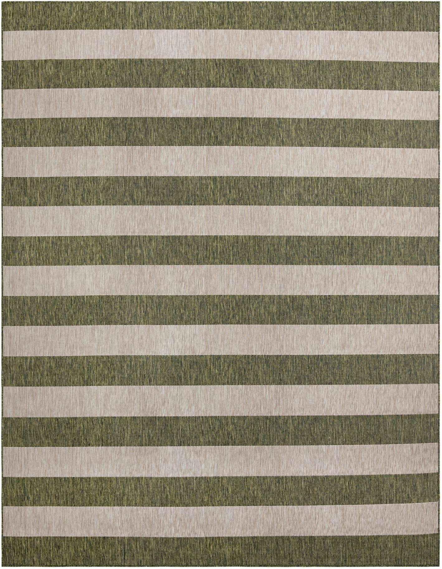 A 10x14 rectangular indoor/outdoor rug featuring wide horizontal stripes in varying shades of green, ideal for a patio.