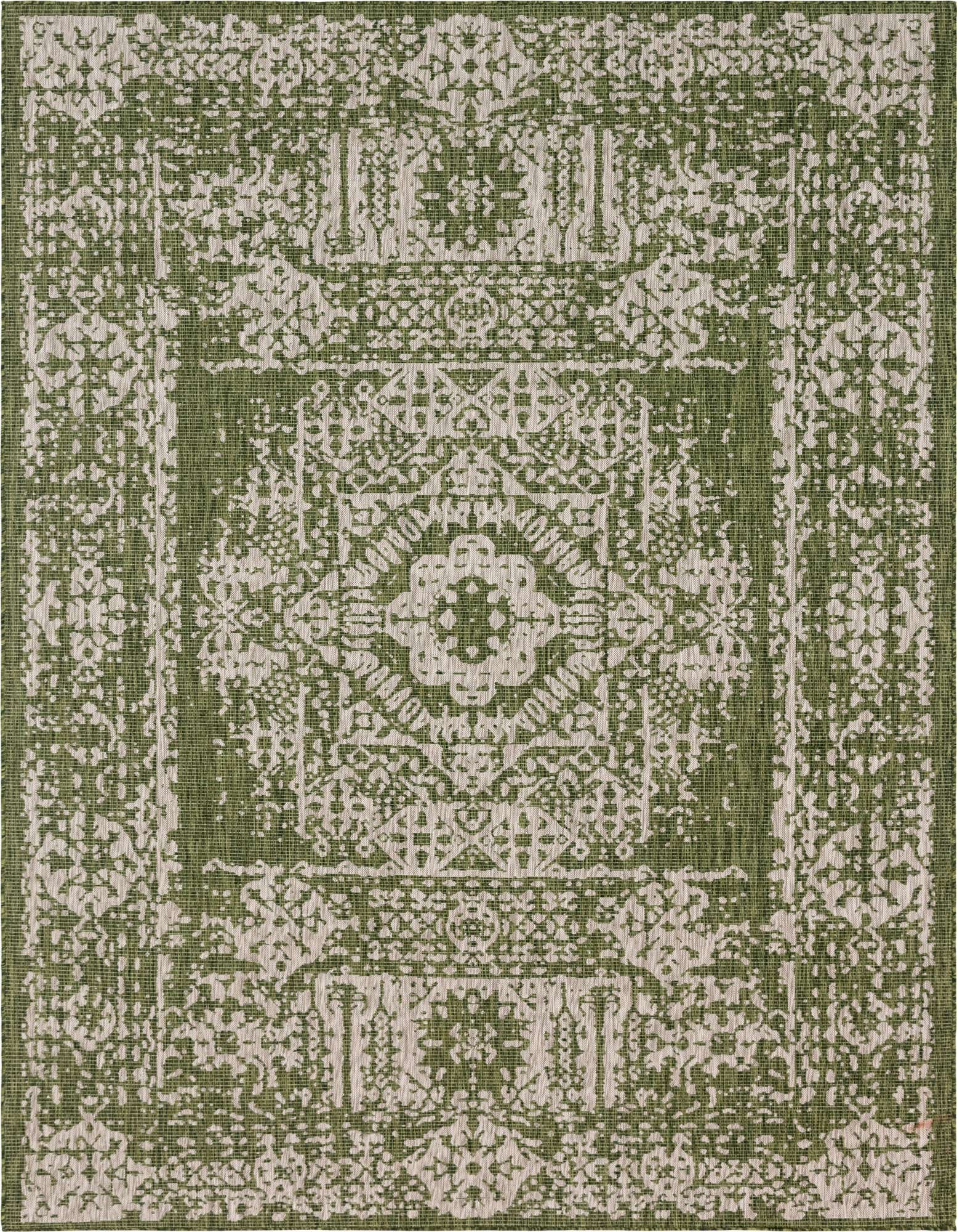 A 9x12 rectangular green and off-white Southwestern style rug with a distressed medallion pattern, suitable for indoor or outdoor use.