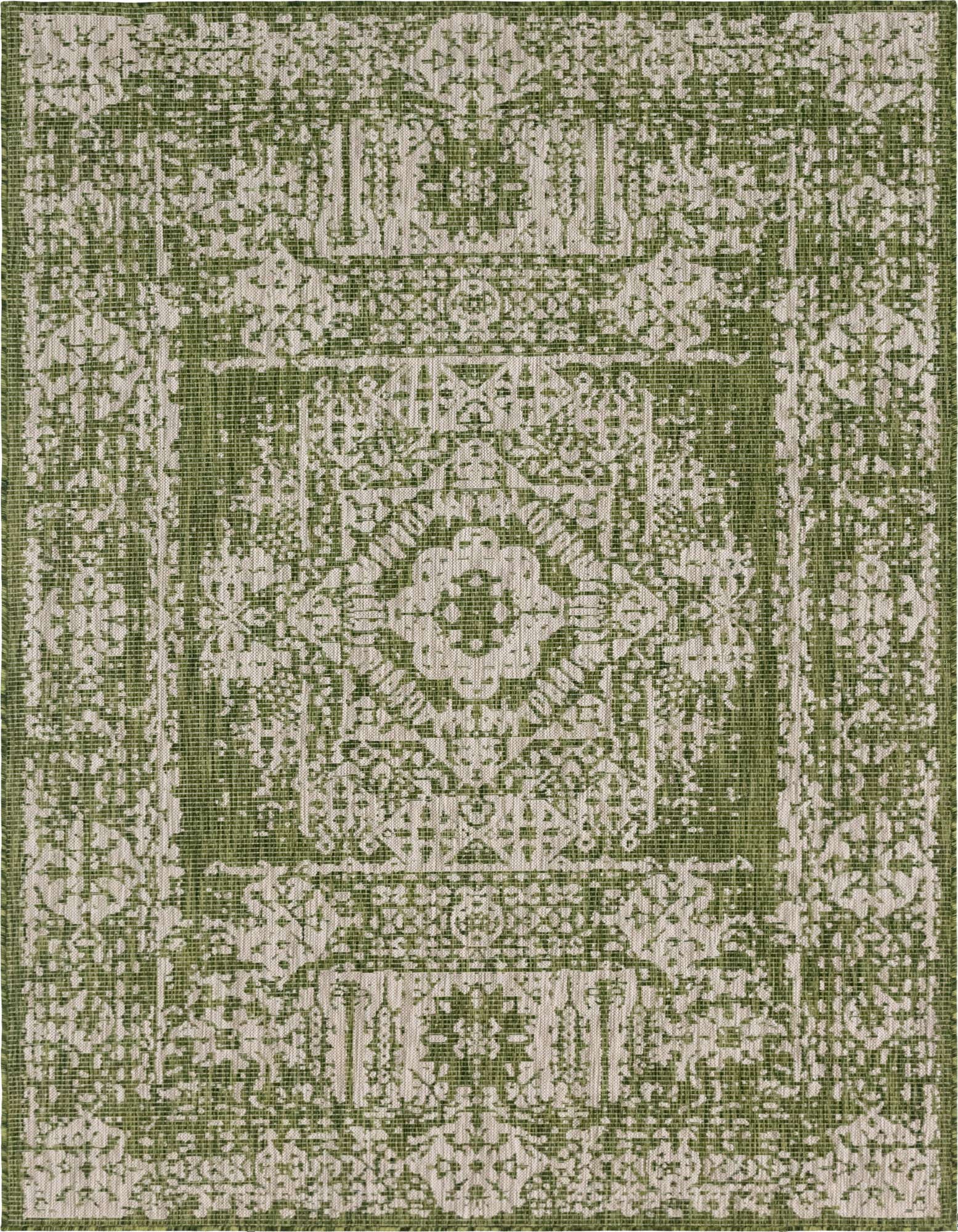 A 6x9 rectangular green and beige Southwestern-style flatweave rug with a central medallion pattern, suitable for indoor or outdoor use.