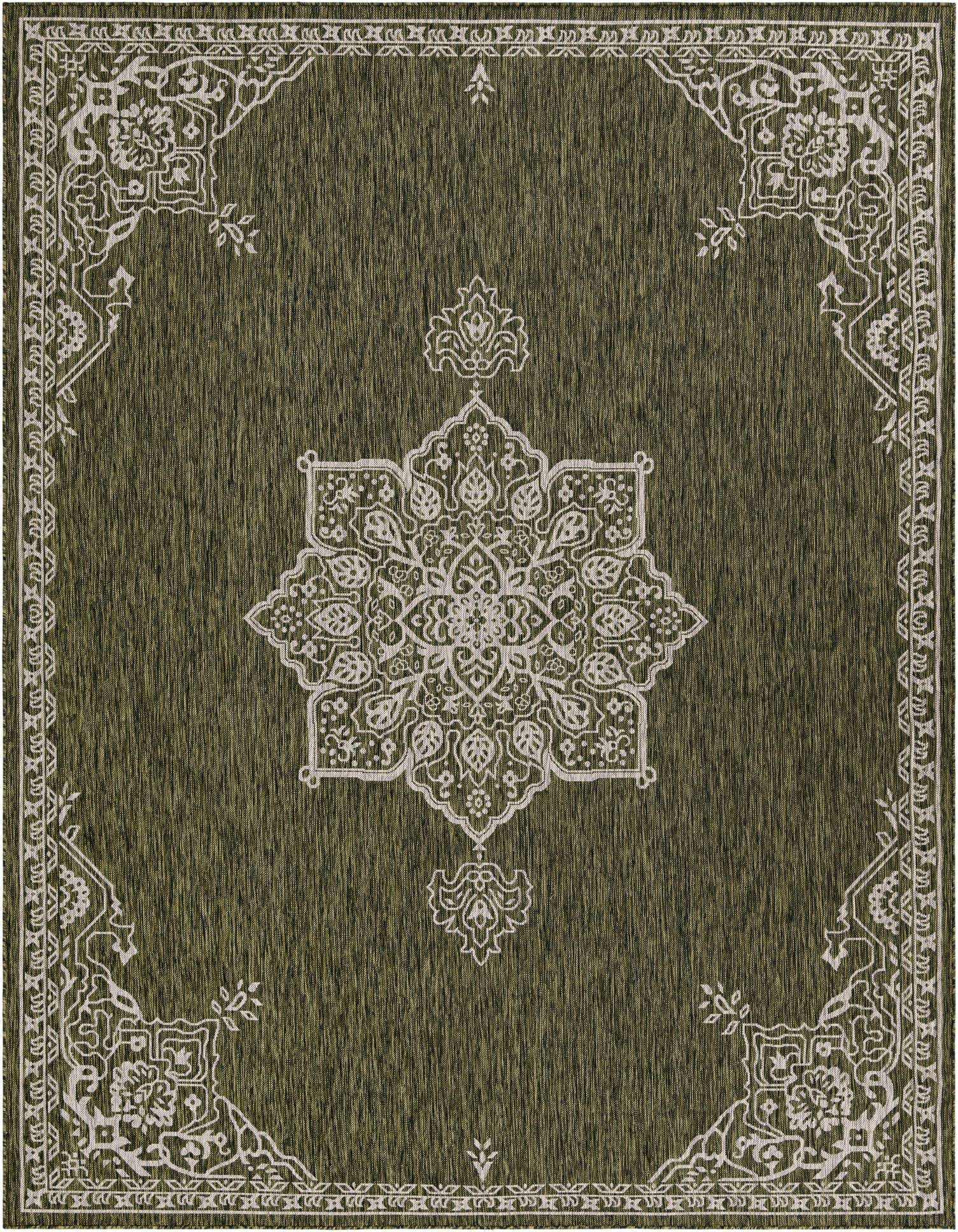 A 9x12 rectangular green indoor/outdoor rug with a white traditional medallion pattern and border.