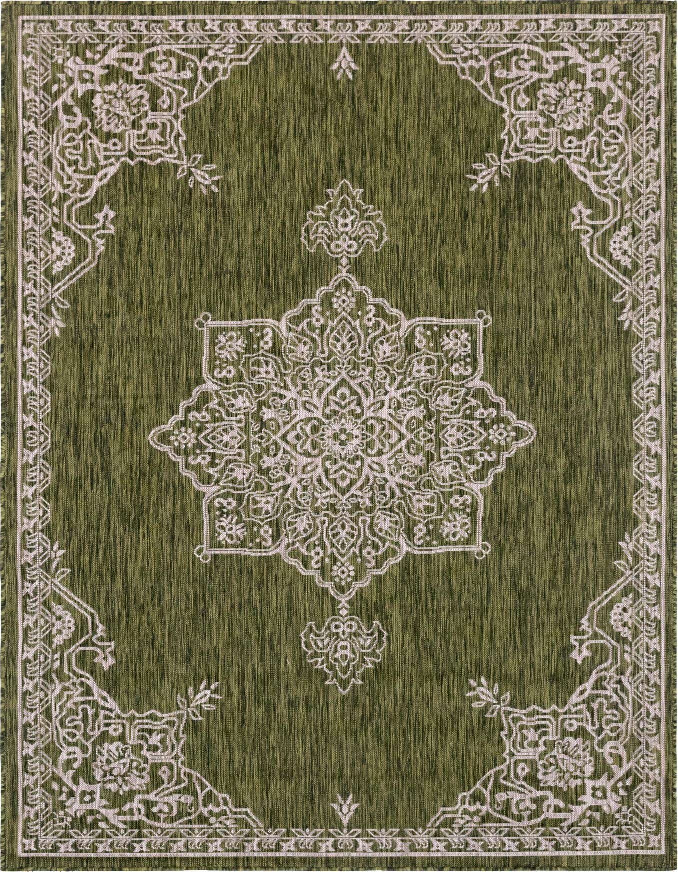 A 6x9 rectangular green indoor/outdoor rug with a white traditional medallion pattern and border.