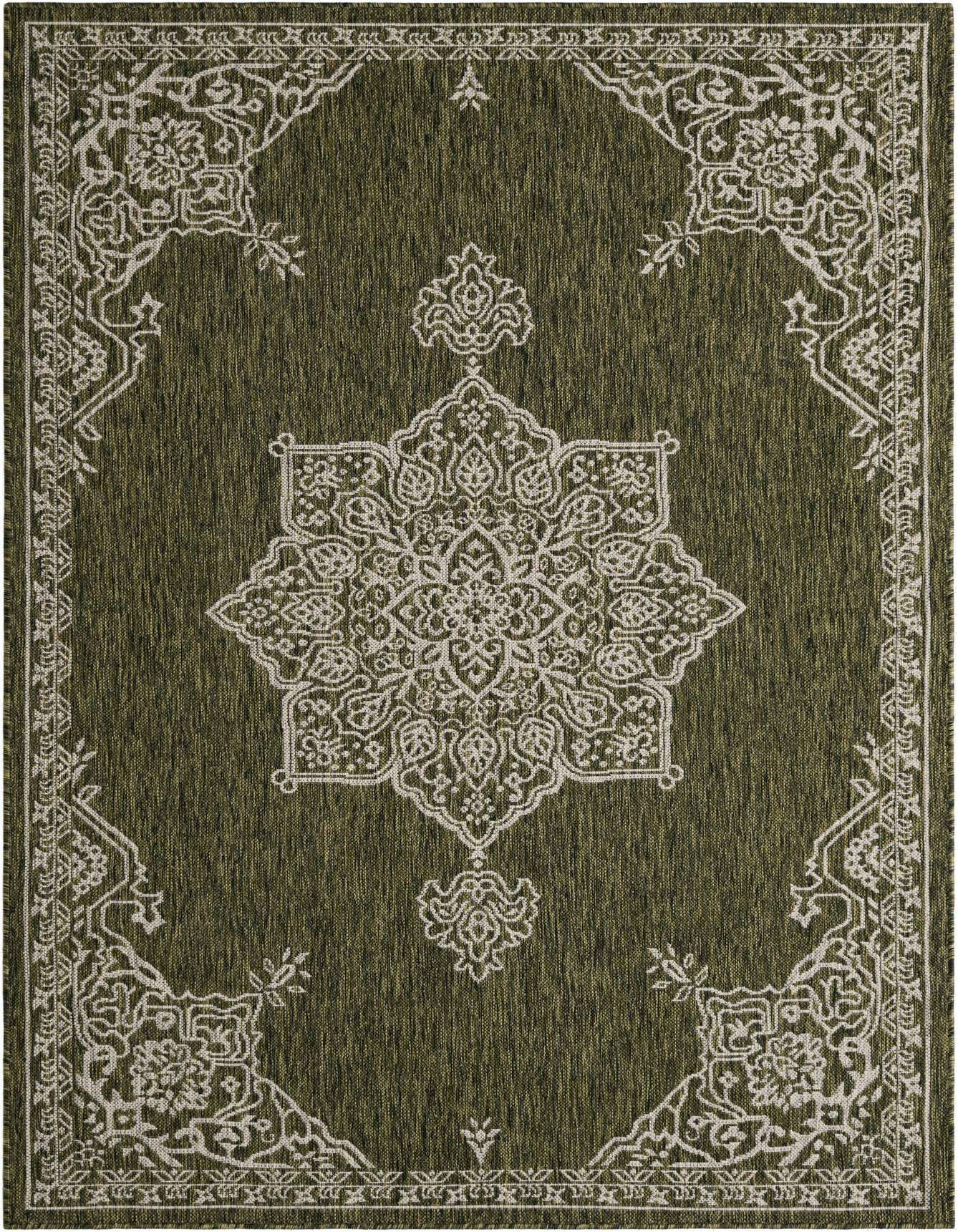 A 5x8 rectangular green indoor/outdoor rug with a large white traditional medallion pattern and a matching border.