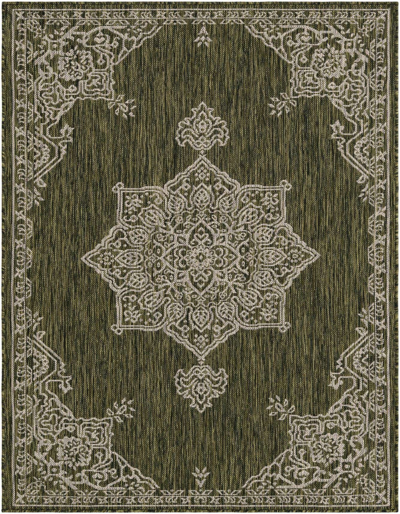A 4x6 rectangular green indoor/outdoor rug with a light beige traditional medallion pattern and border.