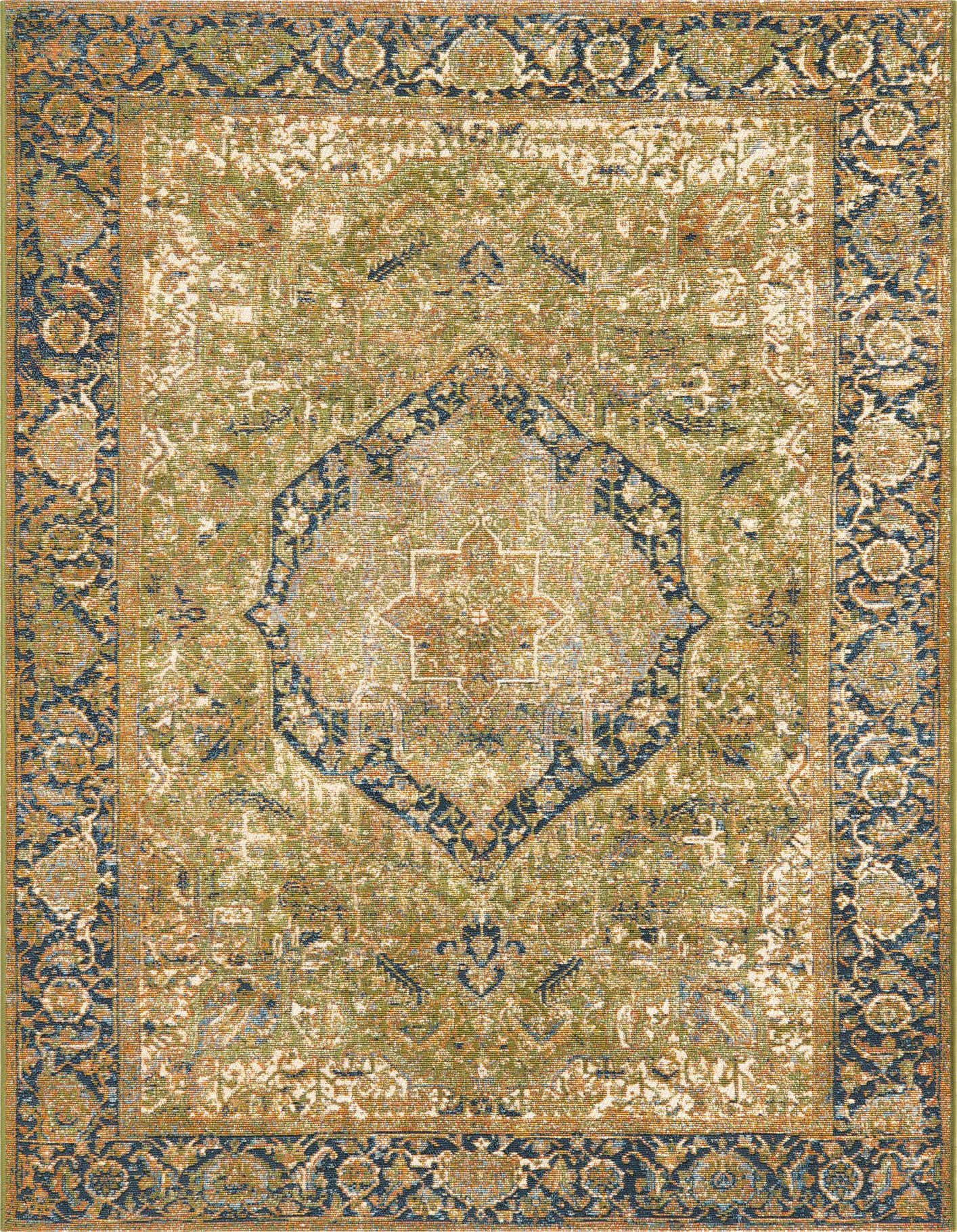 A 5x8 rectangular green and blue traditional area rug with a vintage medallion pattern, suitable for indoor or outdoor use.